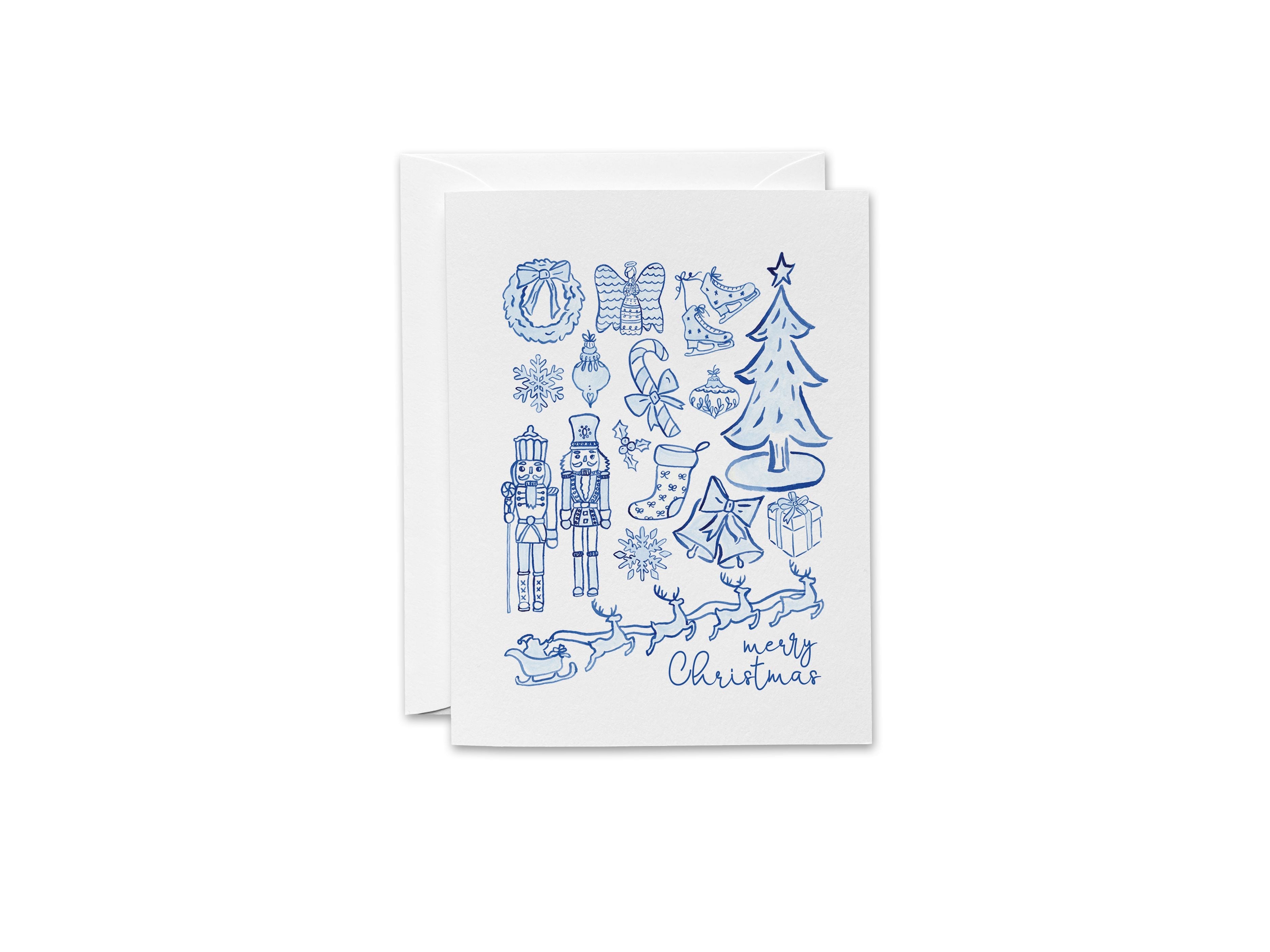 Blue and White Toile Christmas Card-These folded greeting cards are 4.25x5.5 and feature our hand-painted Christmas Toile, printed in the USA on 100lb textured stock. They come with a White envelope and make a great Christmas card for the holiday lover in your life.-The Singing Little Bird