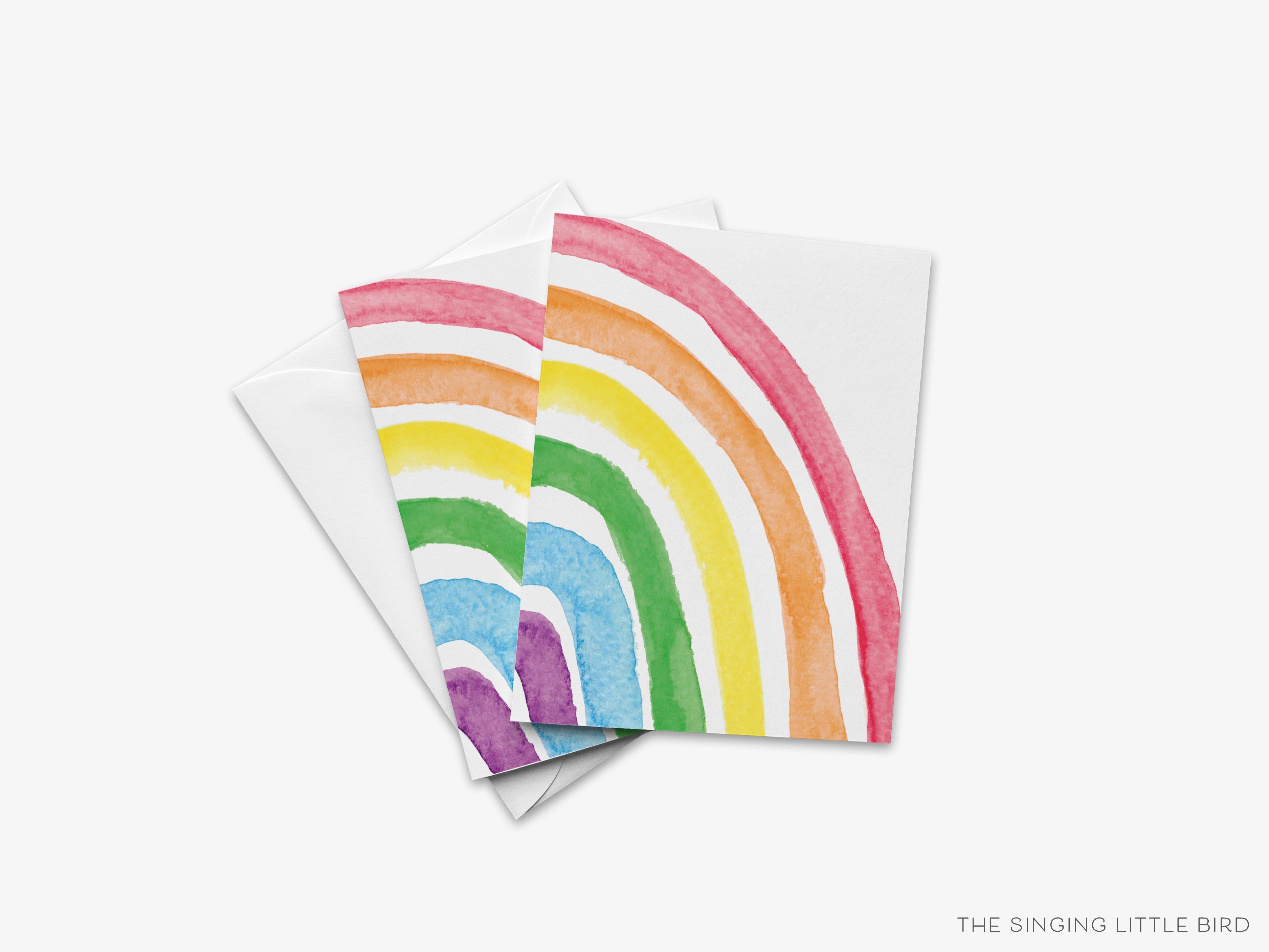 Bright Rainbow Greeting Card-These folded greeting cards are 4.25x5.5 and feature our hand-painted rainbow, printed in the USA on 100lb textured stock. They come with a White envelope and make a great thinking of you card for the colorful lover in your life.-The Singing Little Bird