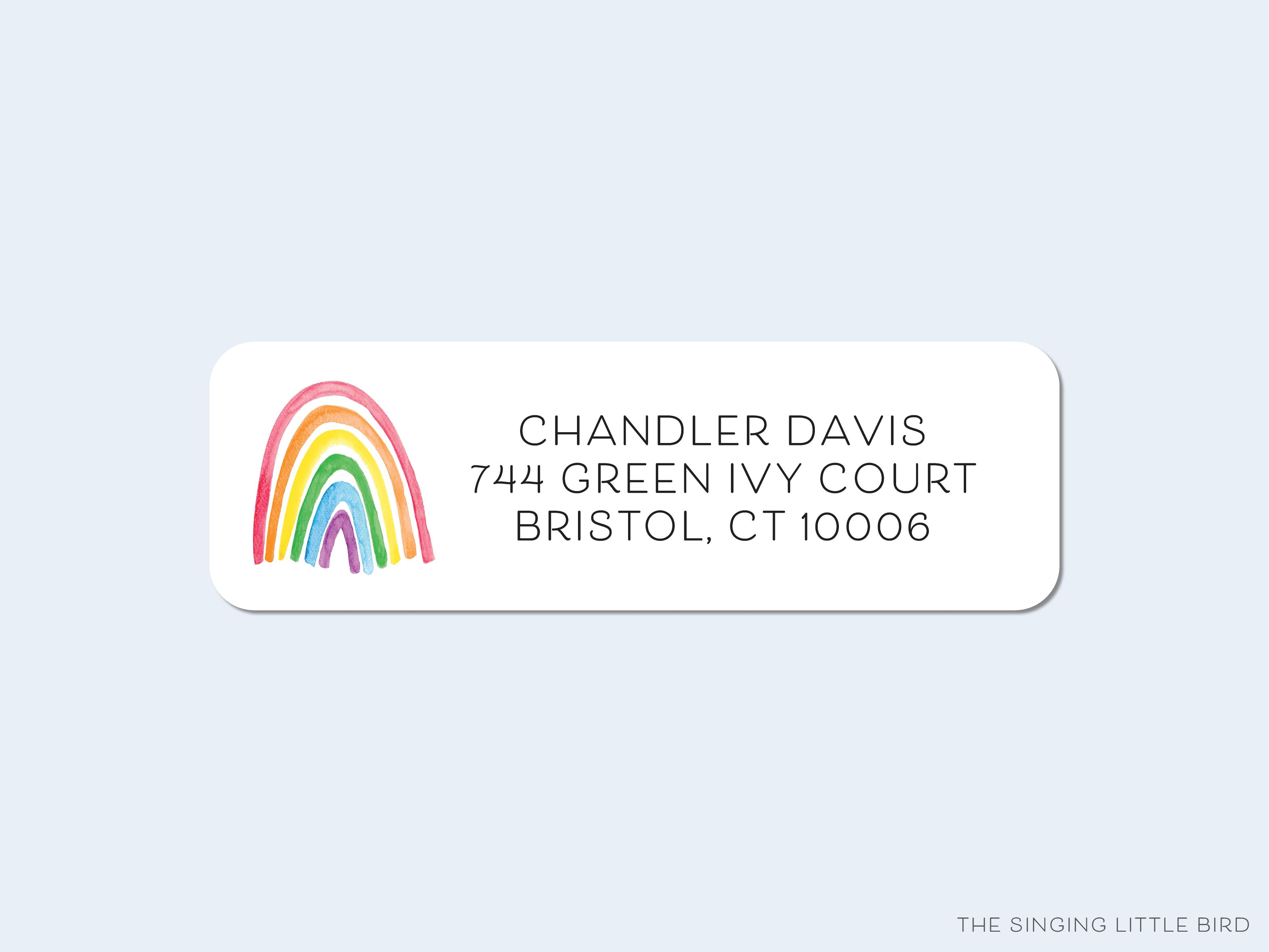 Bright Rainbow Return Address Labels-These personalized return address labels are 2.625" x 1" and feature our hand-painted watercolor rainbow, printed in the USA on beautiful matte finish labels. These make great gifts for yourself or the rainbow lover.-The Singing Little Bird