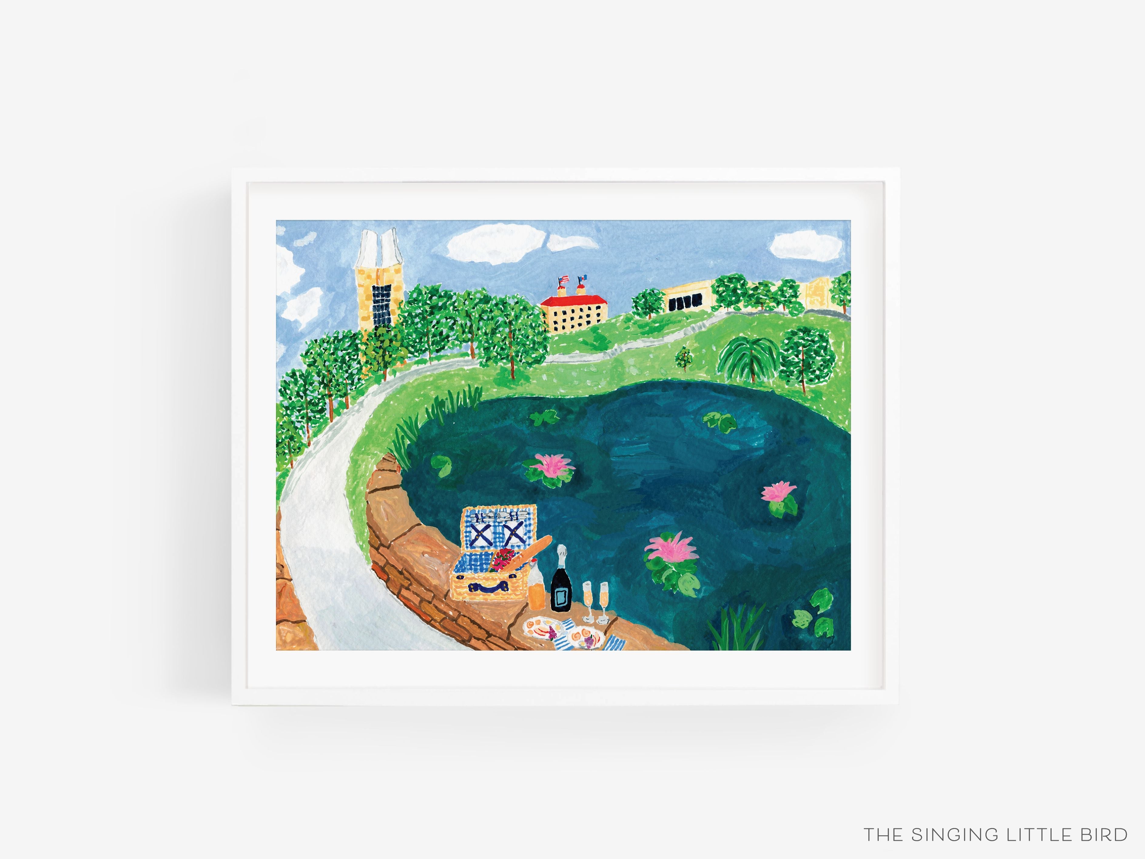 Brunch On a Bridge KU Art Print [Officially Licensed Product]-This watercolor art print features our hand-painted Picnic at Potter Lake, printed in the USA on 120lb high quality art paper. This makes a great gift or wall decor for the KU student or graduate in your life.-The Singing Little Bird