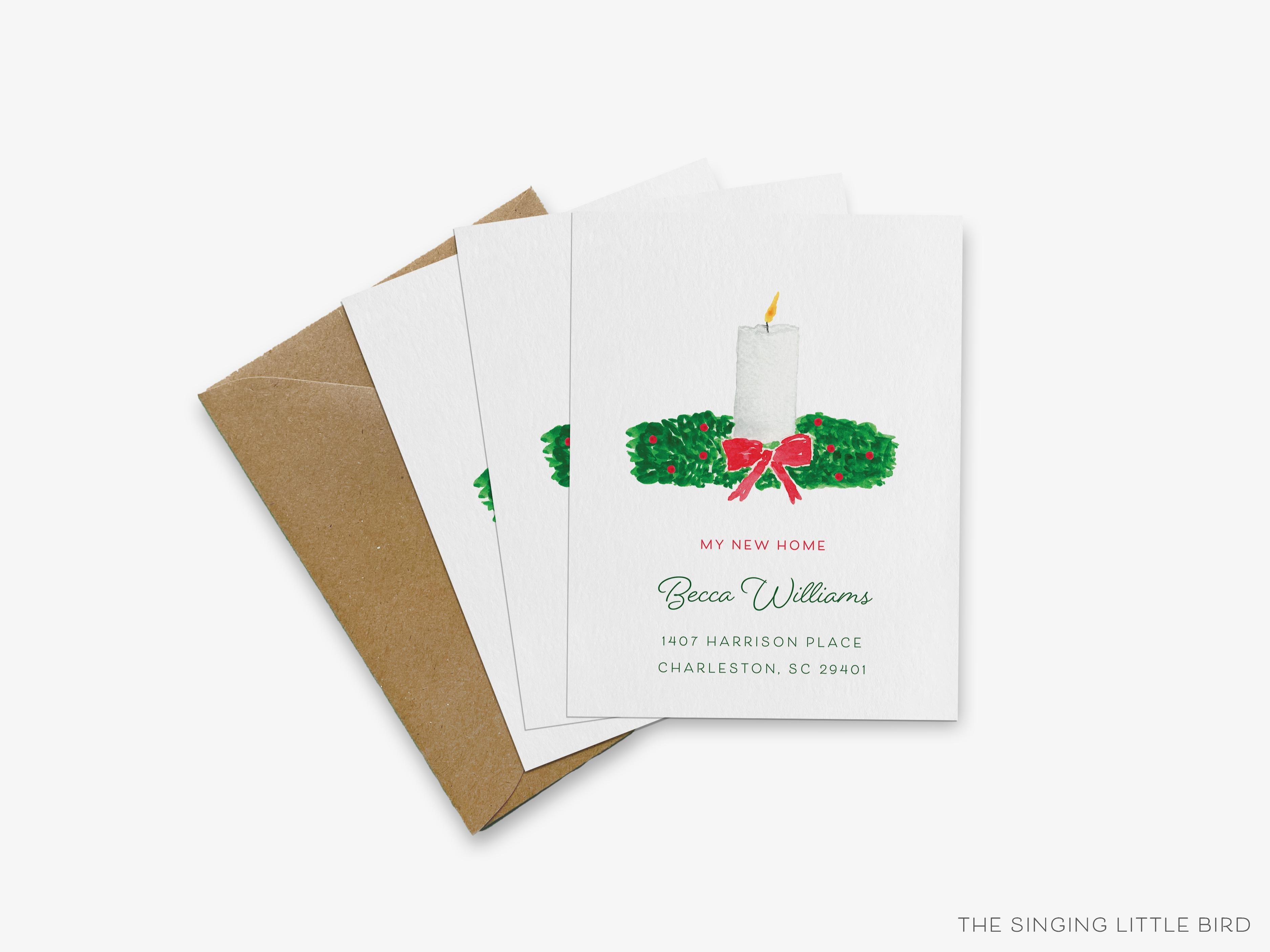 Candle Wreath Christmas Moving Announcement-These personalized flat change of address cards are 4.25x5.5 and feature our hand-painted watercolor candle and Christmas wreath, printed in the USA on 120lb textured stock. They come with your choice of envelopes and make great moving announcements for the holiday lover.-The Singing Little Bird