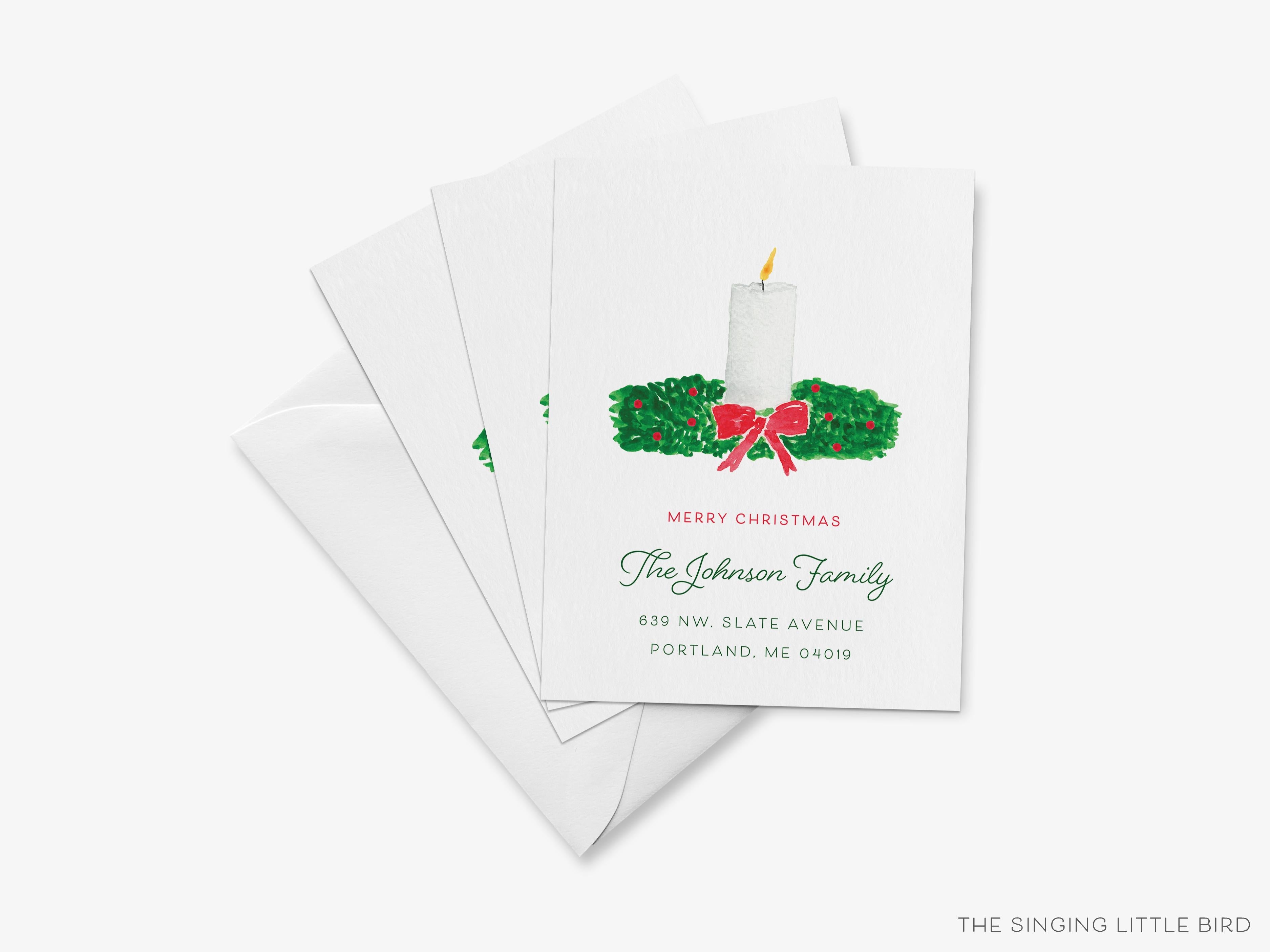 Candle Wreath Christmas Moving Announcement-These personalized flat change of address cards are 4.25x5.5 and feature our hand-painted watercolor candle and Christmas wreath, printed in the USA on 120lb textured stock. They come with your choice of envelopes and make great moving announcements for the holiday lover.-The Singing Little Bird