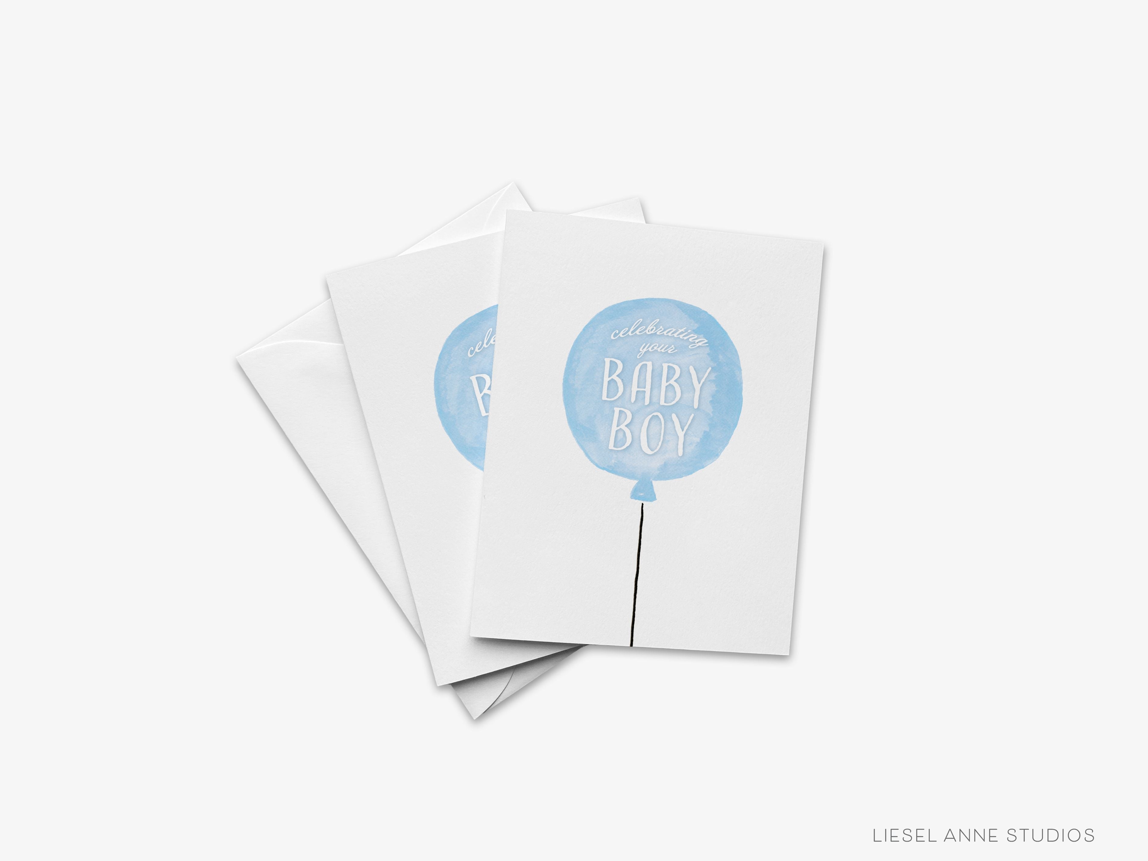 Celebrating Your Baby Boy Card-These folded greeting cards are 4.25x5.5 and feature our hand-painted blue balloon, printed in the USA on 100lb textured stock. They come with a White envelope and make a great congratulations card for the new baby boy in your life.-The Singing Little Bird