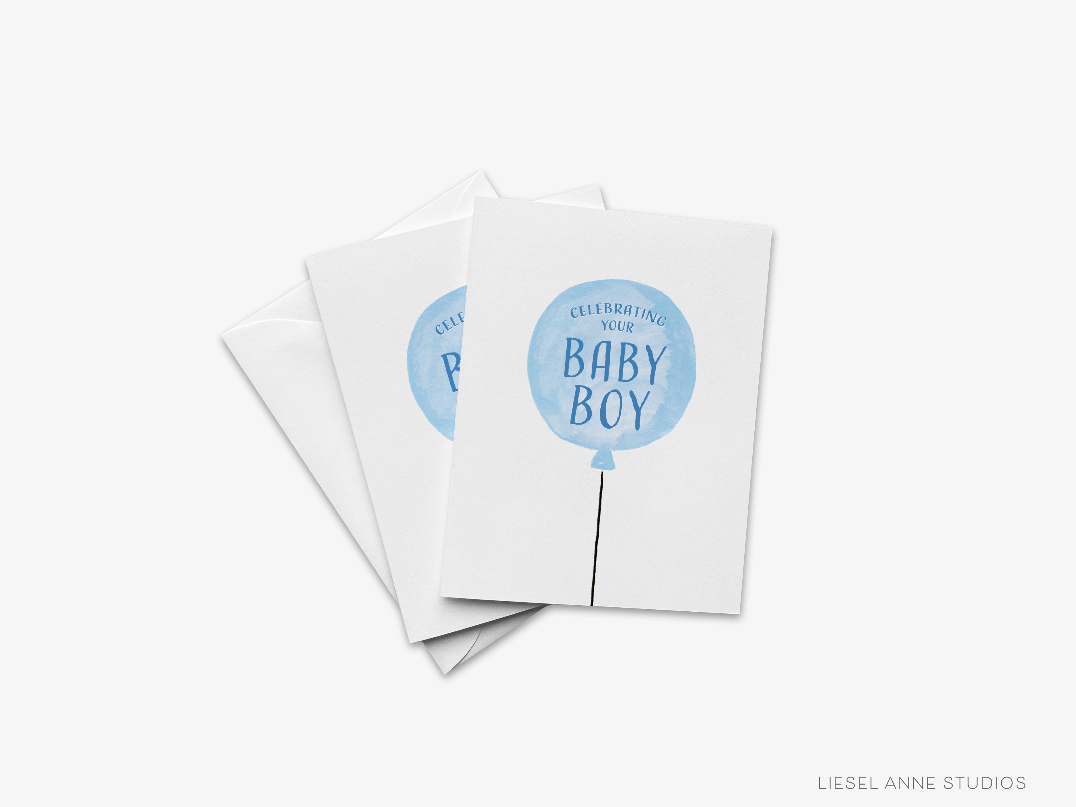 Celebrating Your Baby Boy Card-These folded greeting cards are 4.25x5.5 and feature our hand-painted blue balloon, printed in the USA on 100lb textured stock. They come with a White envelope and make a great congratulations card for the new baby boy in your life.-The Singing Little Bird