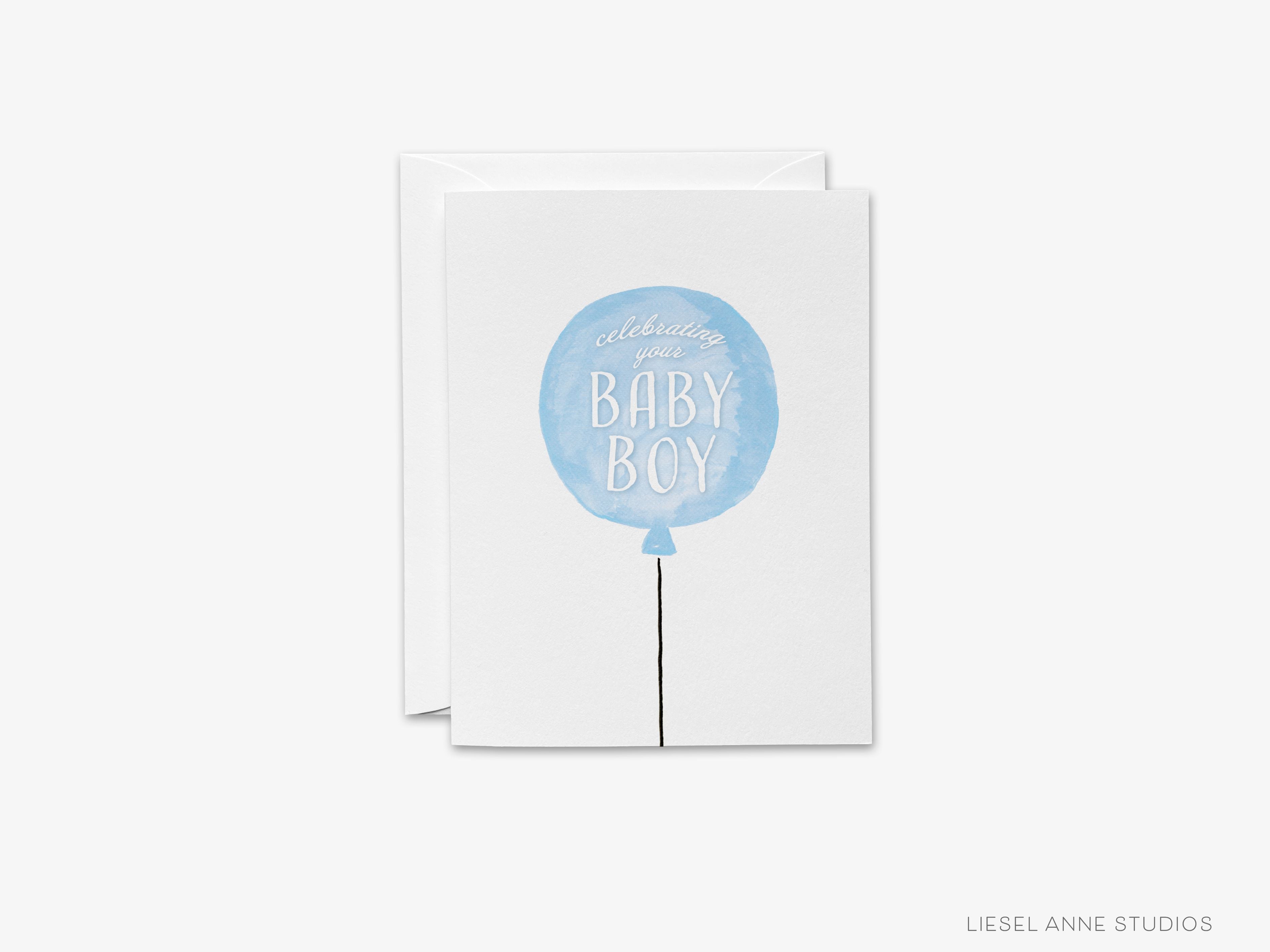 Celebrating Your Baby Boy Card-These folded greeting cards are 4.25x5.5 and feature our hand-painted blue balloon, printed in the USA on 100lb textured stock. They come with a White envelope and make a great congratulations card for the new baby boy in your life.-The Singing Little Bird