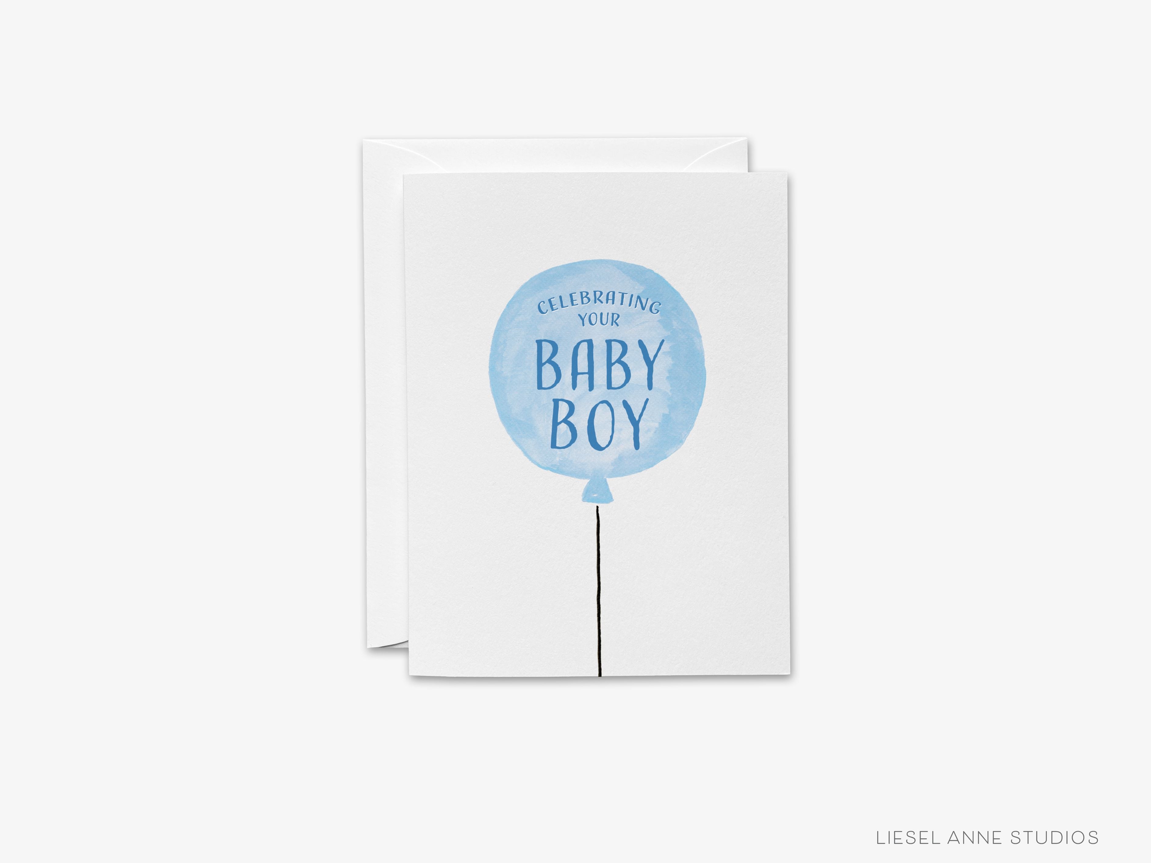 Celebrating Your Baby Boy Card-These folded greeting cards are 4.25x5.5 and feature our hand-painted blue balloon, printed in the USA on 100lb textured stock. They come with a White envelope and make a great congratulations card for the new baby boy in your life.-The Singing Little Bird