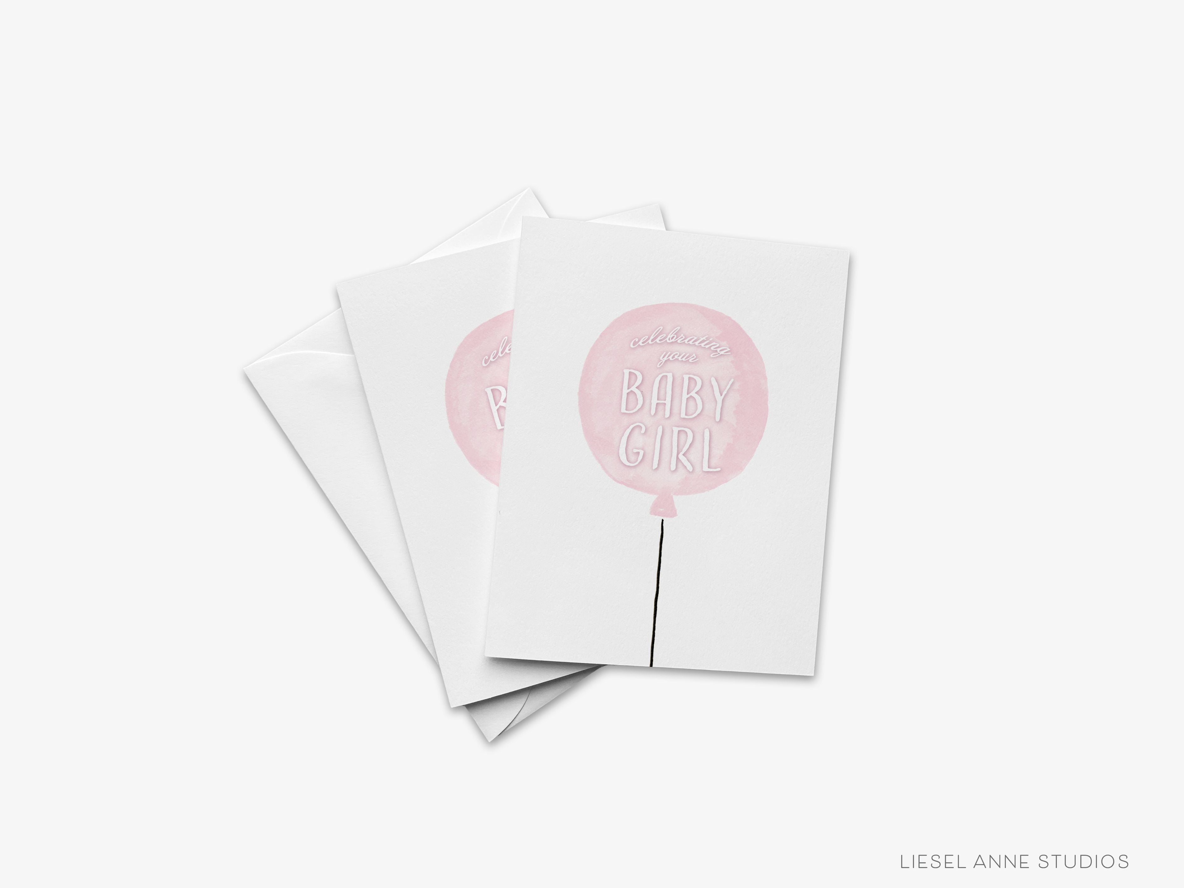 Celebrating Your Baby Girl Card-These folded greeting cards are 4.25x5.5 and feature our hand-painted pink balloon, printed in the USA on 100lb textured stock. They come with a White envelope and make a great congratulations card for the new baby girl in your life.-The Singing Little Bird
