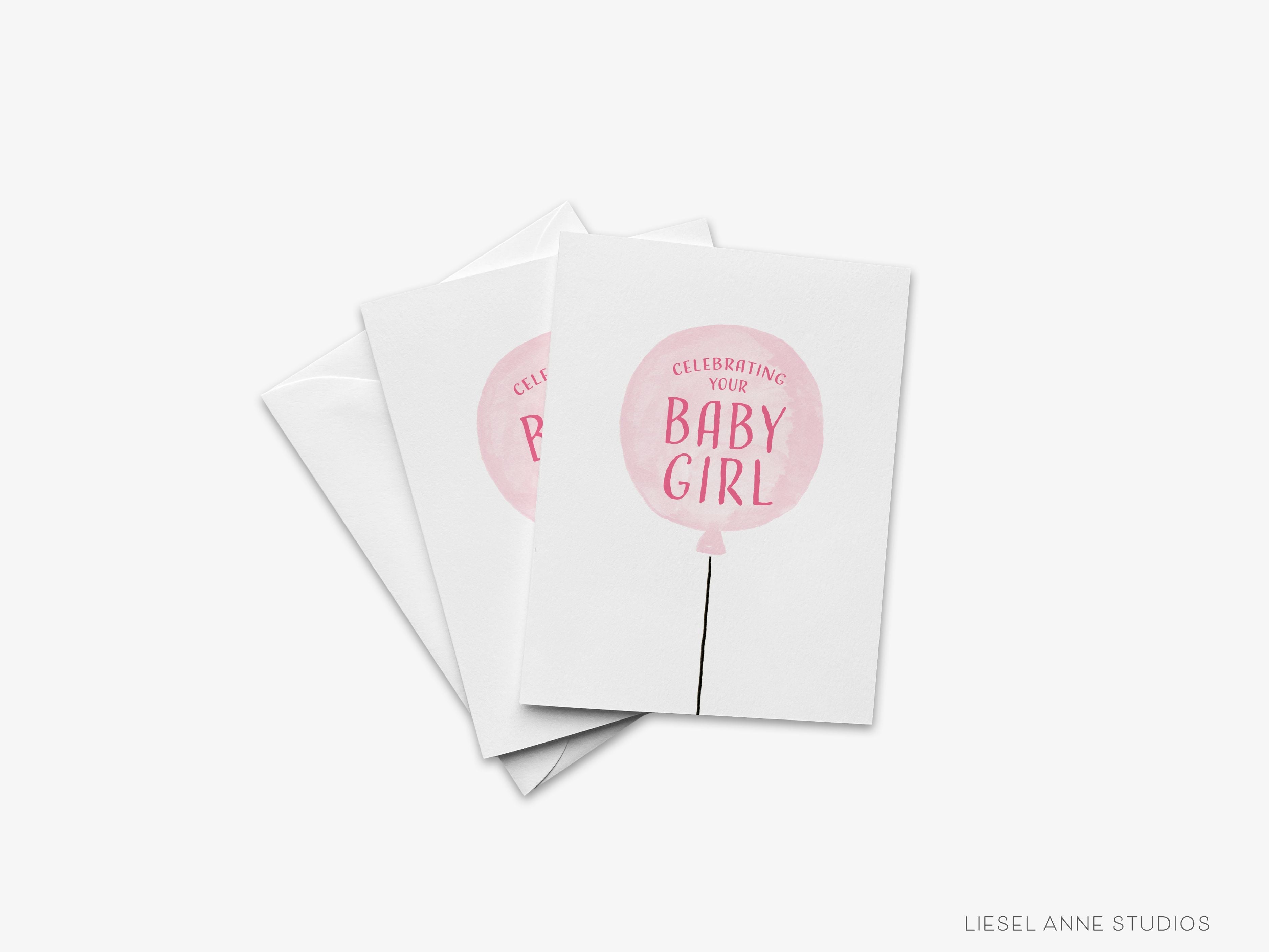 Celebrating Your Baby Girl Card-These folded greeting cards are 4.25x5.5 and feature our hand-painted pink balloon, printed in the USA on 100lb textured stock. They come with a White envelope and make a great congratulations card for the new baby girl in your life.-The Singing Little Bird