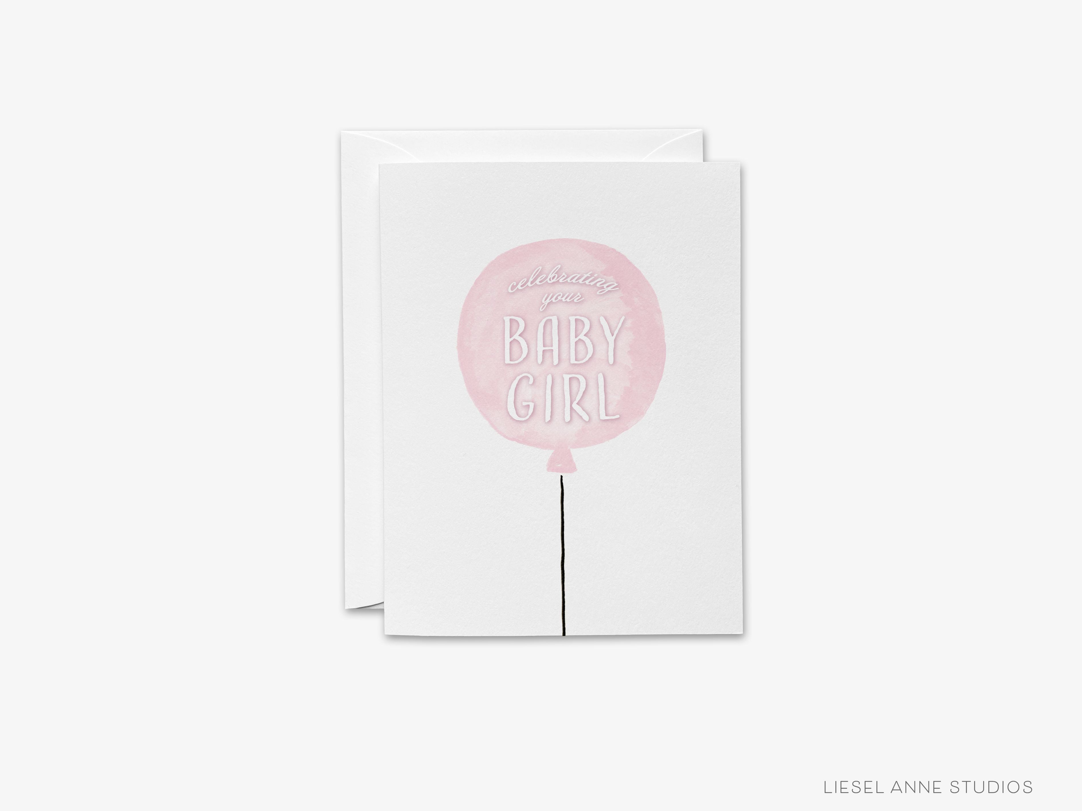 Celebrating Your Baby Girl Card-These folded greeting cards are 4.25x5.5 and feature our hand-painted pink balloon, printed in the USA on 100lb textured stock. They come with a White envelope and make a great congratulations card for the new baby girl in your life.-The Singing Little Bird