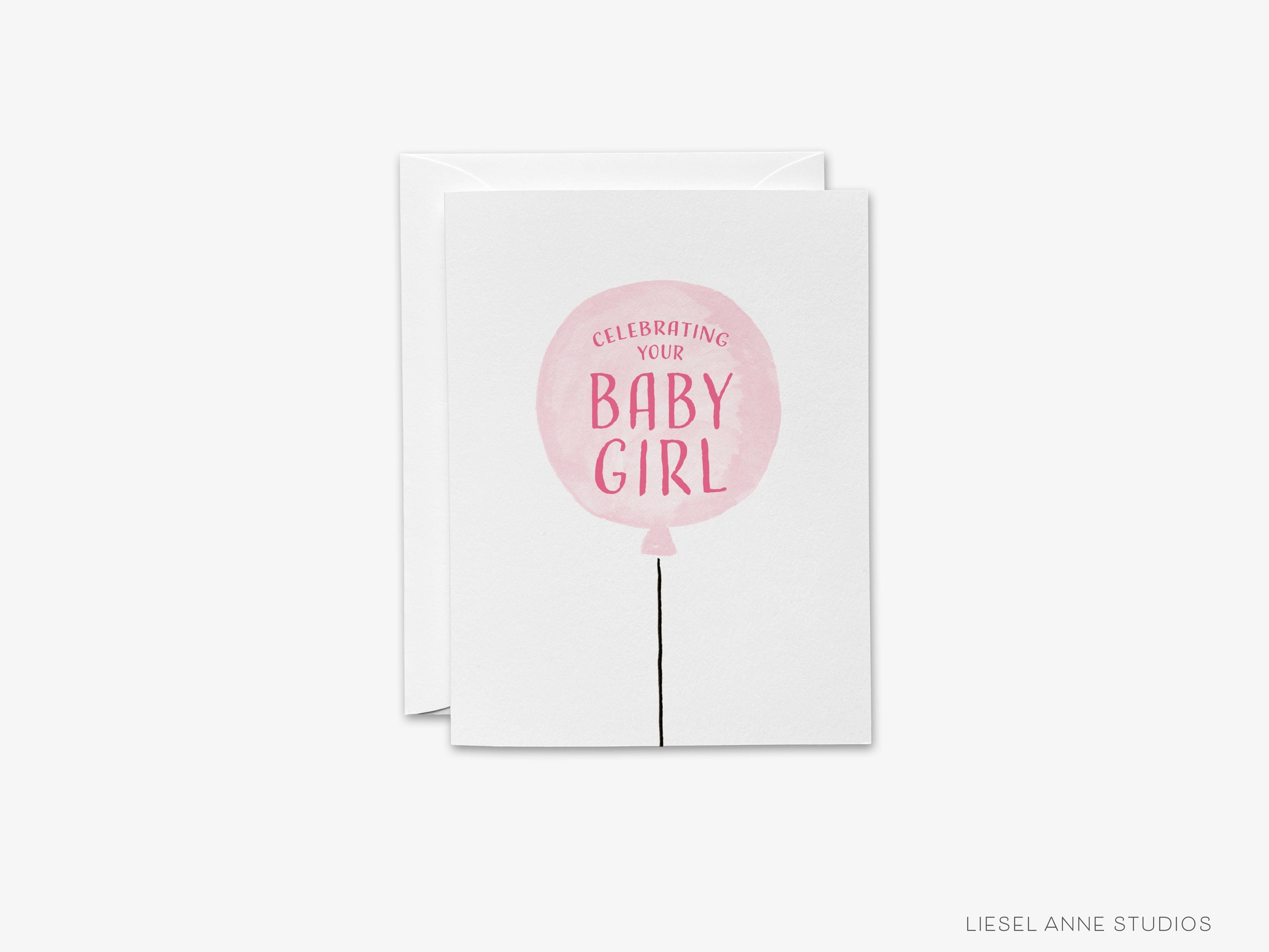 Celebrating Your Baby Girl Card-These folded greeting cards are 4.25x5.5 and feature our hand-painted pink balloon, printed in the USA on 100lb textured stock. They come with a White envelope and make a great congratulations card for the new baby girl in your life.-The Singing Little Bird