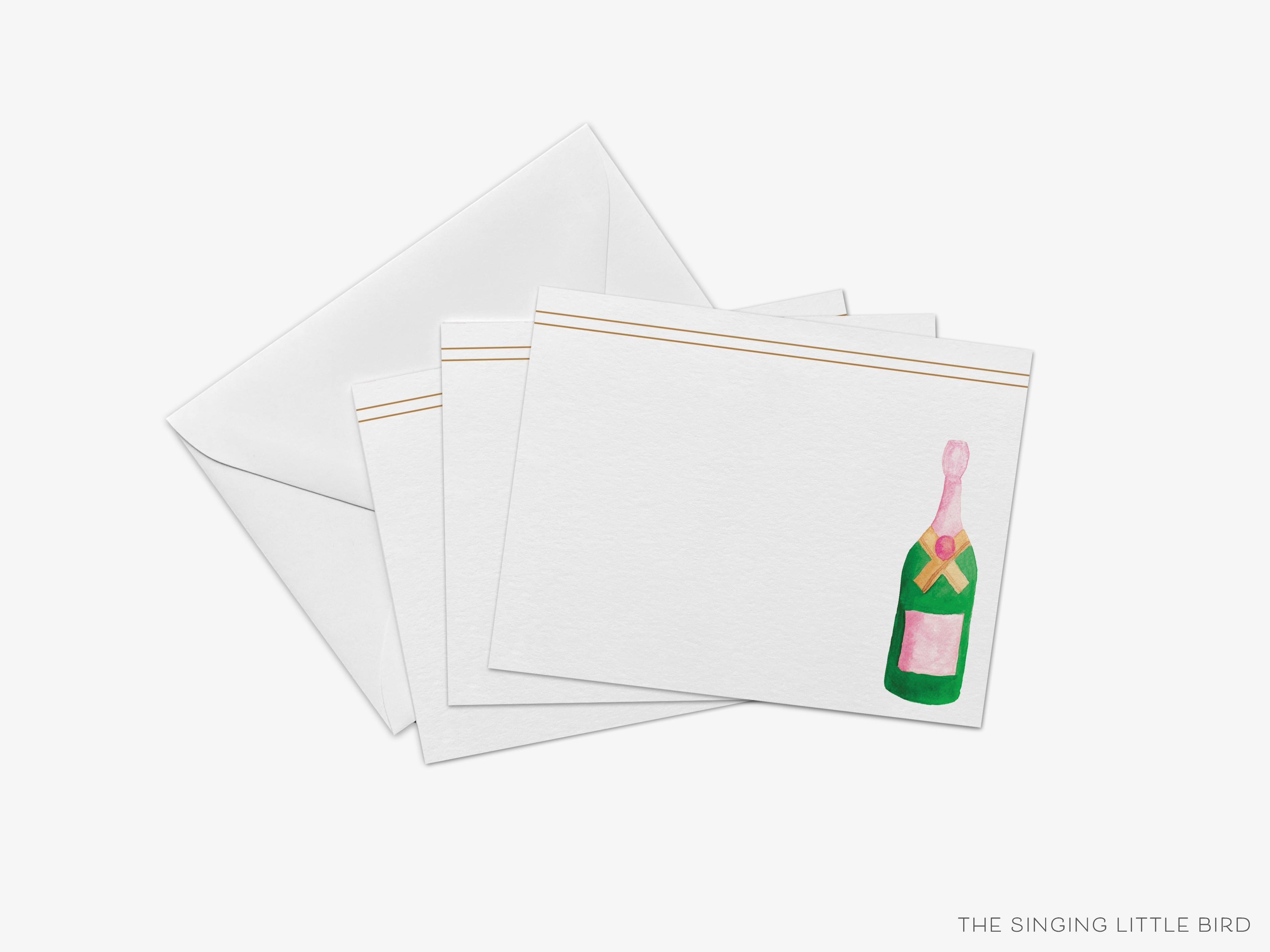 Champagne Bottle Flat Notes [Sets of 8]-These flat notecards are 4.25x5.5 and feature our hand-painted watercolor champagne bottle, printed in the USA on 120lb textured stock. They come with white envelopes and make great thank yous and gifts for the bubbly lover in your life.-The Singing Little Bird