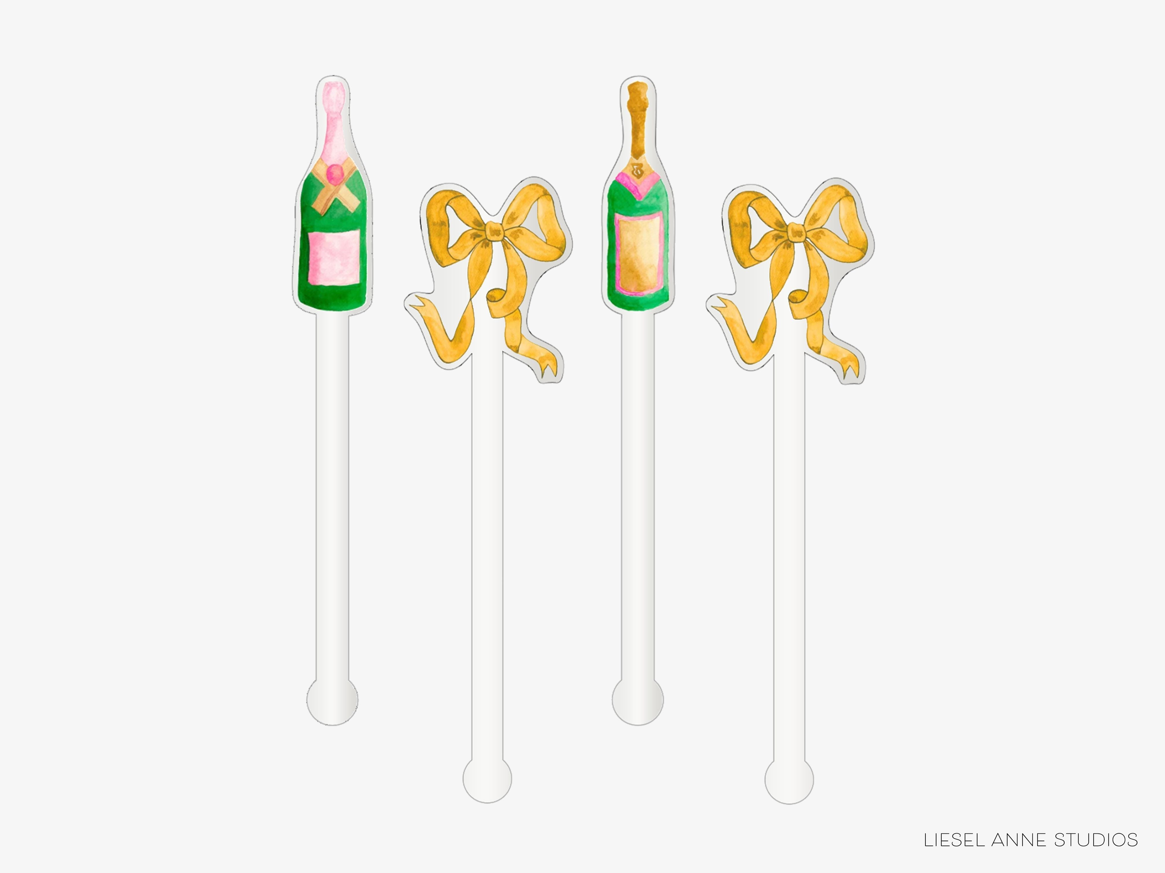 Champagne Bottle + Gold Bows Acrylic Drink Stir Sticks-Set of 4 Acrylic Drink Stir Sticks are reusable &amp; make wonderful gifts!
This set includes two different pink & green champagne bottles and two gold bows
Each one measures approx. 6" tall
They are safe for cold and hot drinks (up to 195 degrees F)
Hand wash only
Made in the USA
Hand packaged with care and ready to gift or use


Gold Bow Champagne Stir Sticks | Celebration Drink Stirrers | Reusable Cocktail Swizzle Sticks | Holiday Barware | Unique Gi