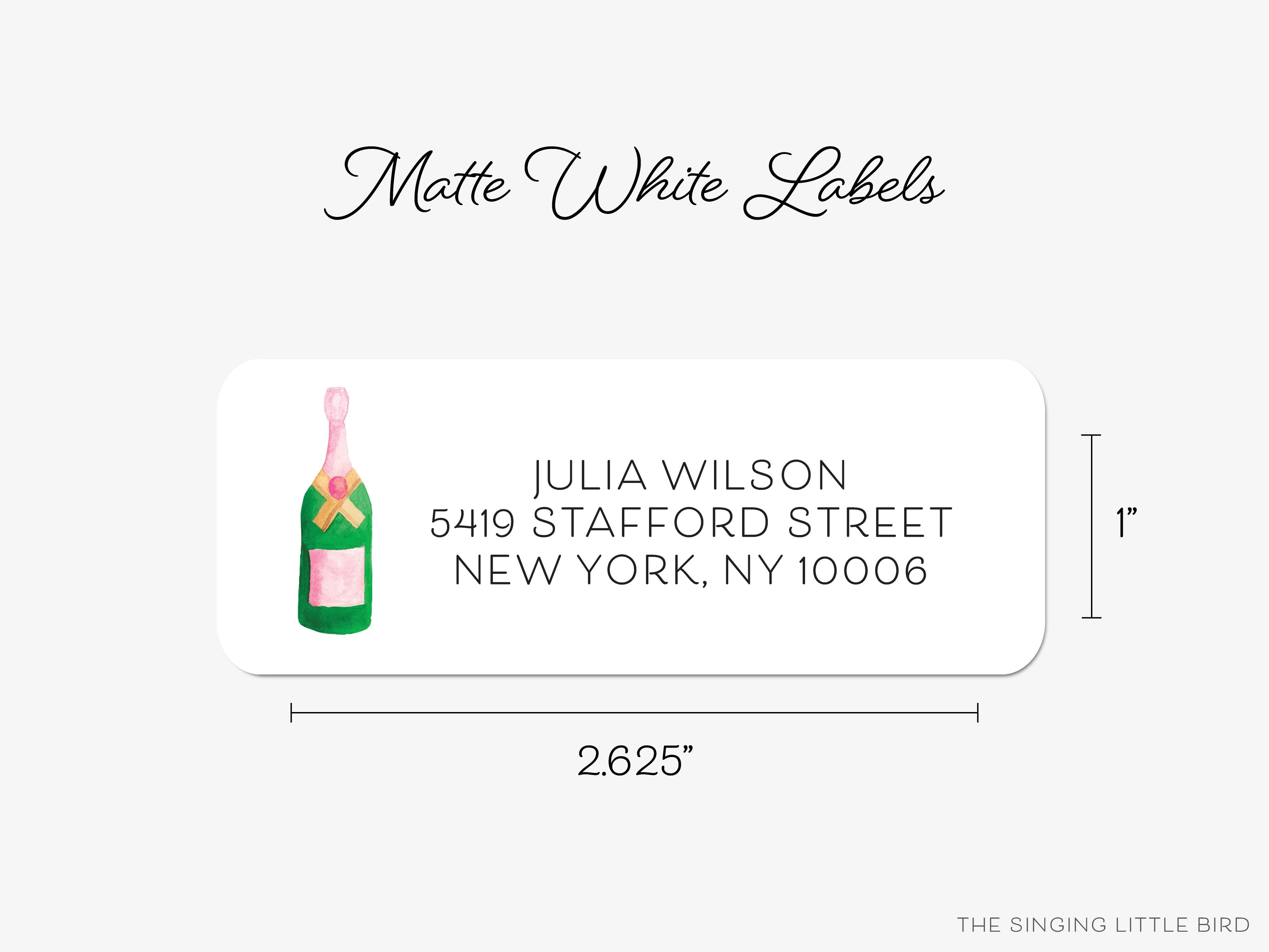Champagne Bottle Return Address Labels-These personalized return address labels are 2.625" x 1" and feature our hand-painted watercolor Champagne Bottle, printed in the USA on beautiful matte finish labels. These make great gifts for yourself or the bubbly lover.-The Singing Little Bird