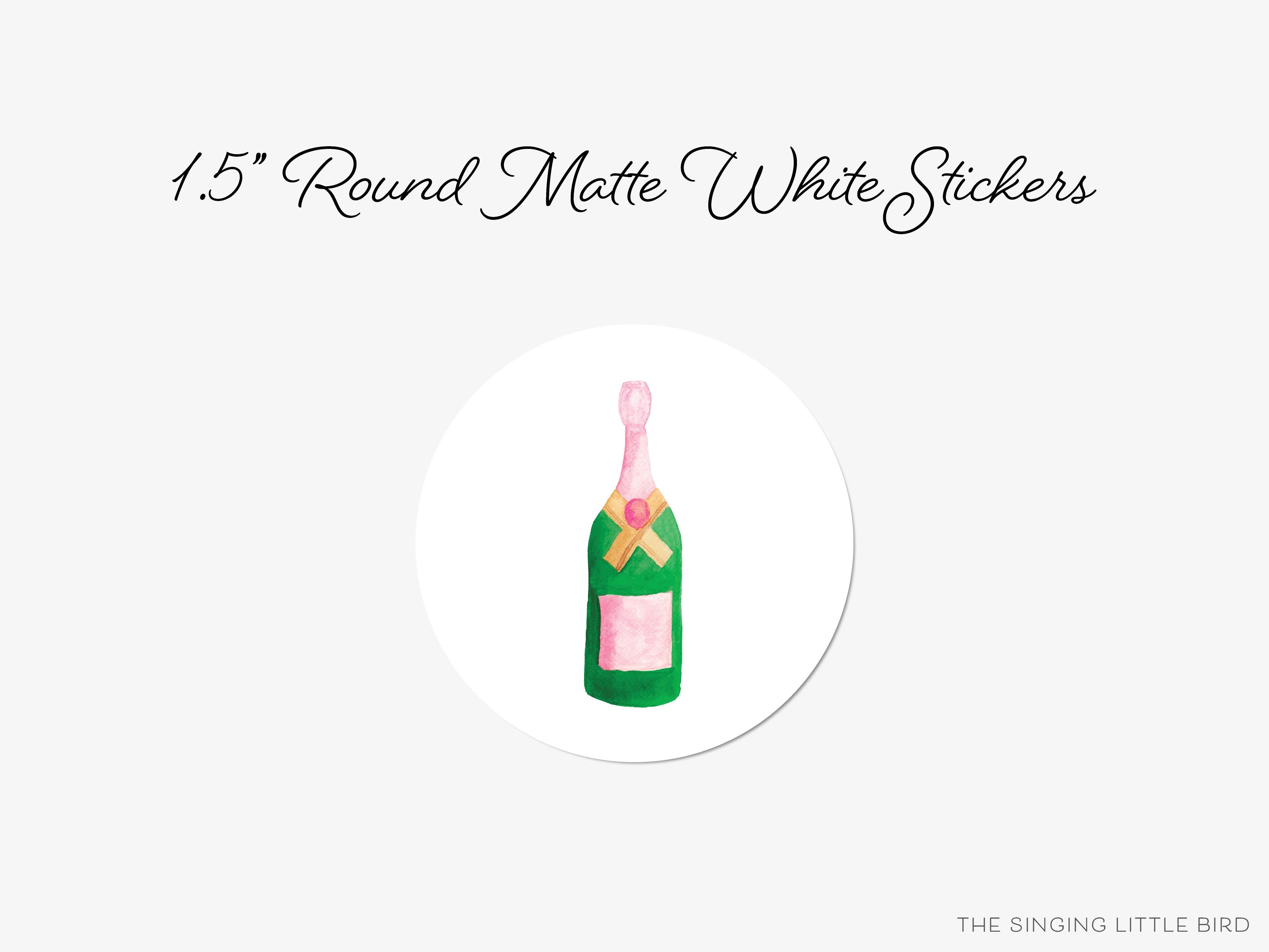 Champagne Bottle Round Stickers-These matte round stickers feature our hand-painted watercolor champagne bottle, making great envelope seals or gifts for the bubbly lover in your life.-The Singing Little Bird