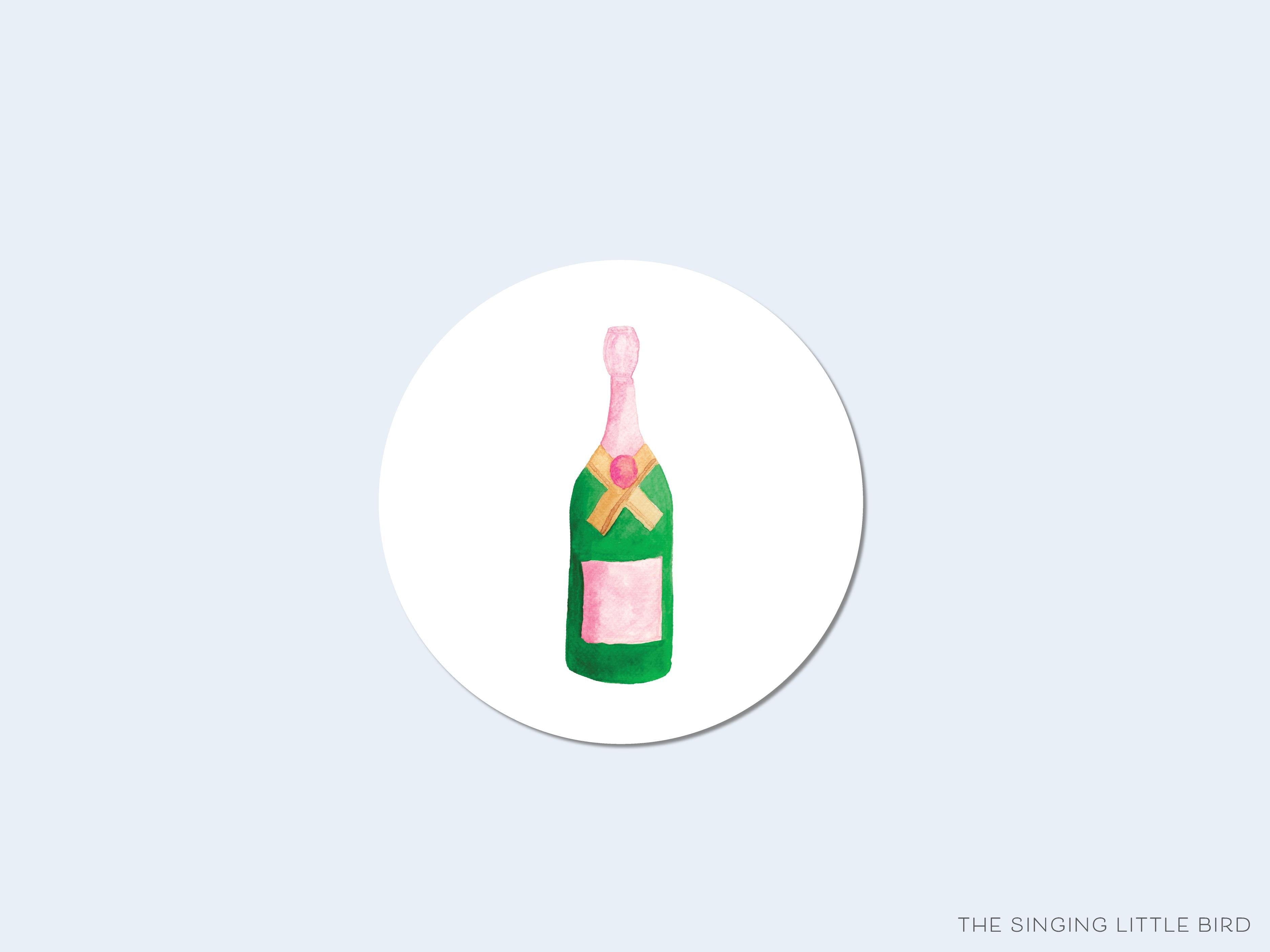 Champagne Bottle Round Stickers-These matte round stickers feature our hand-painted watercolor champagne bottle, making great envelope seals or gifts for the bubbly lover in your life.-The Singing Little Bird