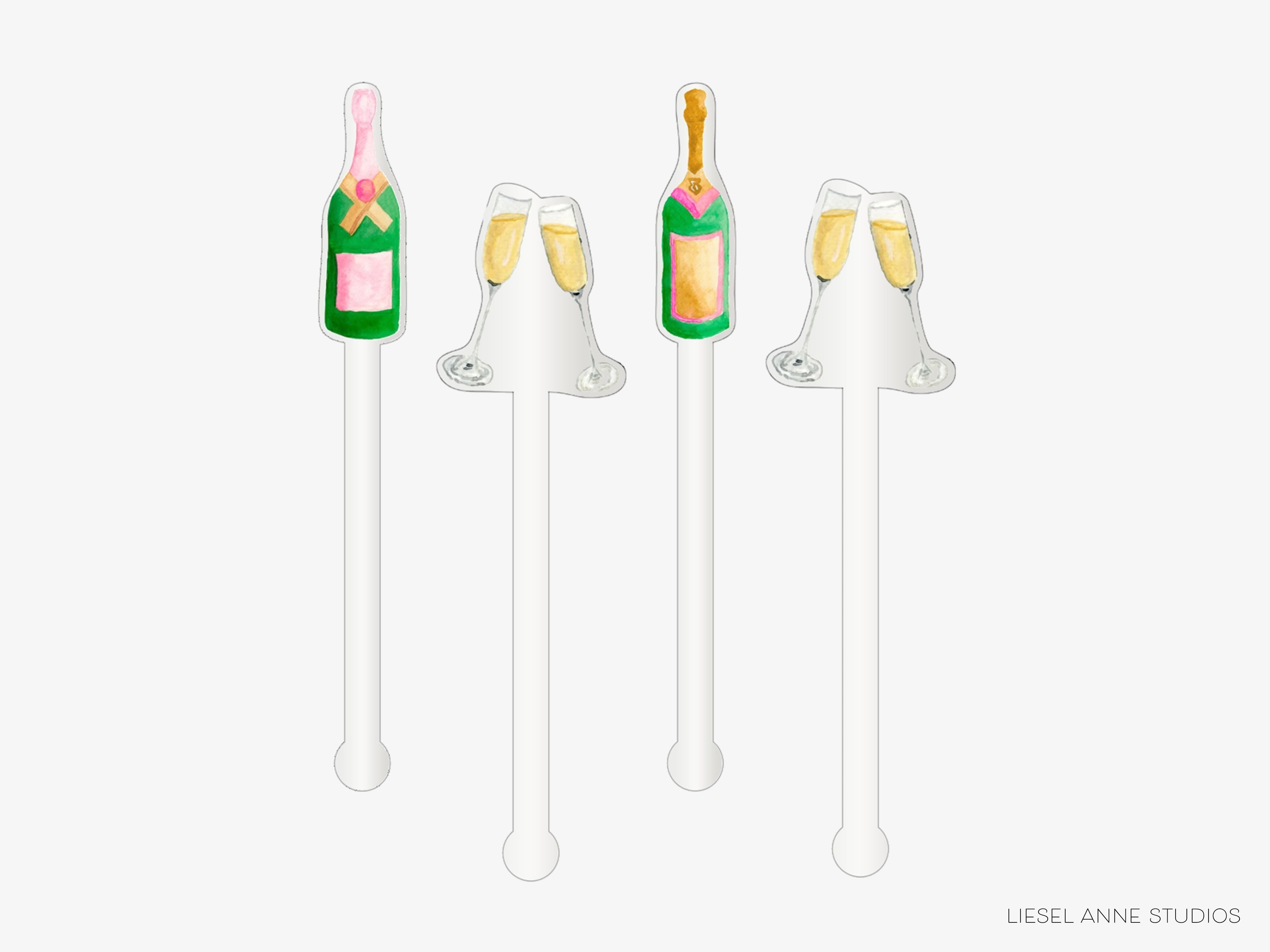 Champagne Bottles and Flutes Celebration Acrylic Drink Stir Sticks-Set of 4 Acrylic Drink Stir Sticks are reusable &amp; make wonderful gifts!
This set includes two different pink and green champagne bottles and two pairs of champagne flutes
Each one measures approx. 6" tall
They are safe for cold and hot drinks (up to 195 degrees F)
Hand wash only
Made in the USA
Hand packaged with care and ready to gift or use


Pink and Gold Celebration Stir Sticks | Flute Drink Stirrers | Reusable Cocktail Swizzle Stick