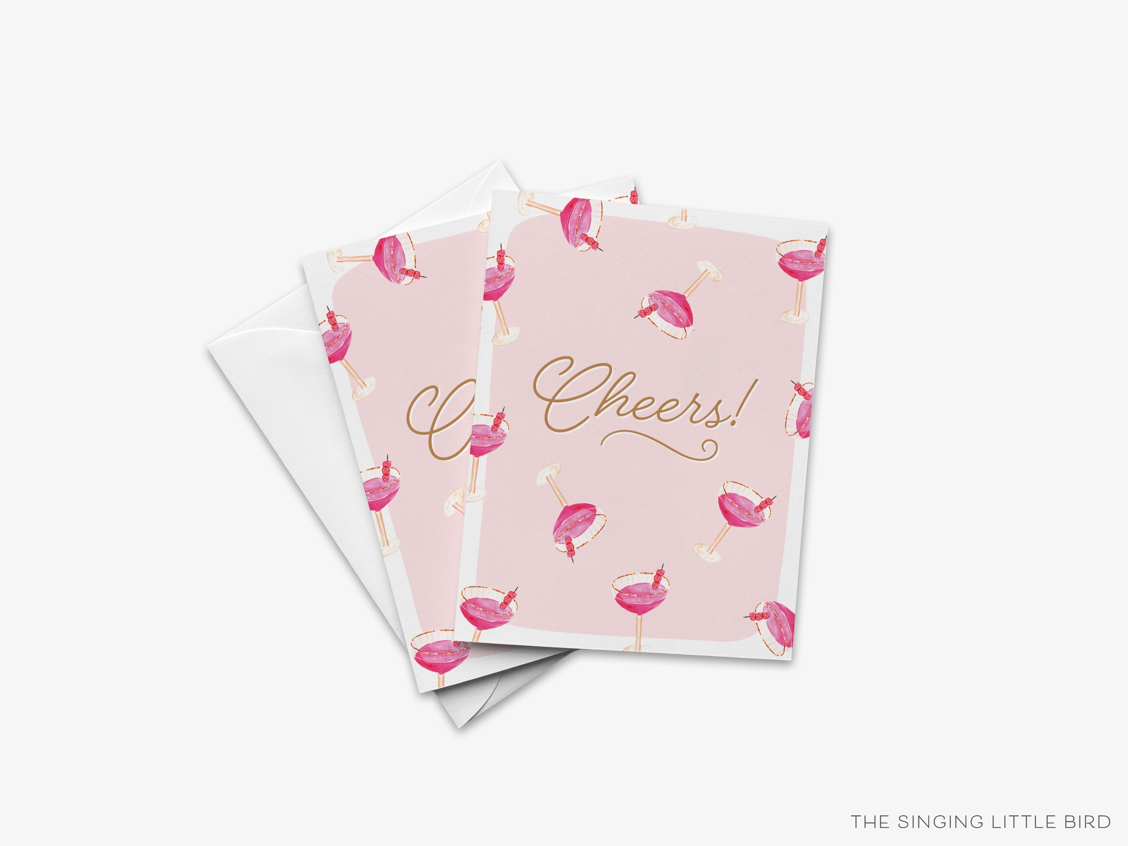Cheers Pink Cocktail Greeting Card-These folded greeting cards are 4.25x5.5 and feature our hand-painted cocktail glasses, printed in the USA on 100lb textured stock. They come with a White envelope and make a great congratulations or birthday card for the cocktail lover in your life.-The Singing Little Bird