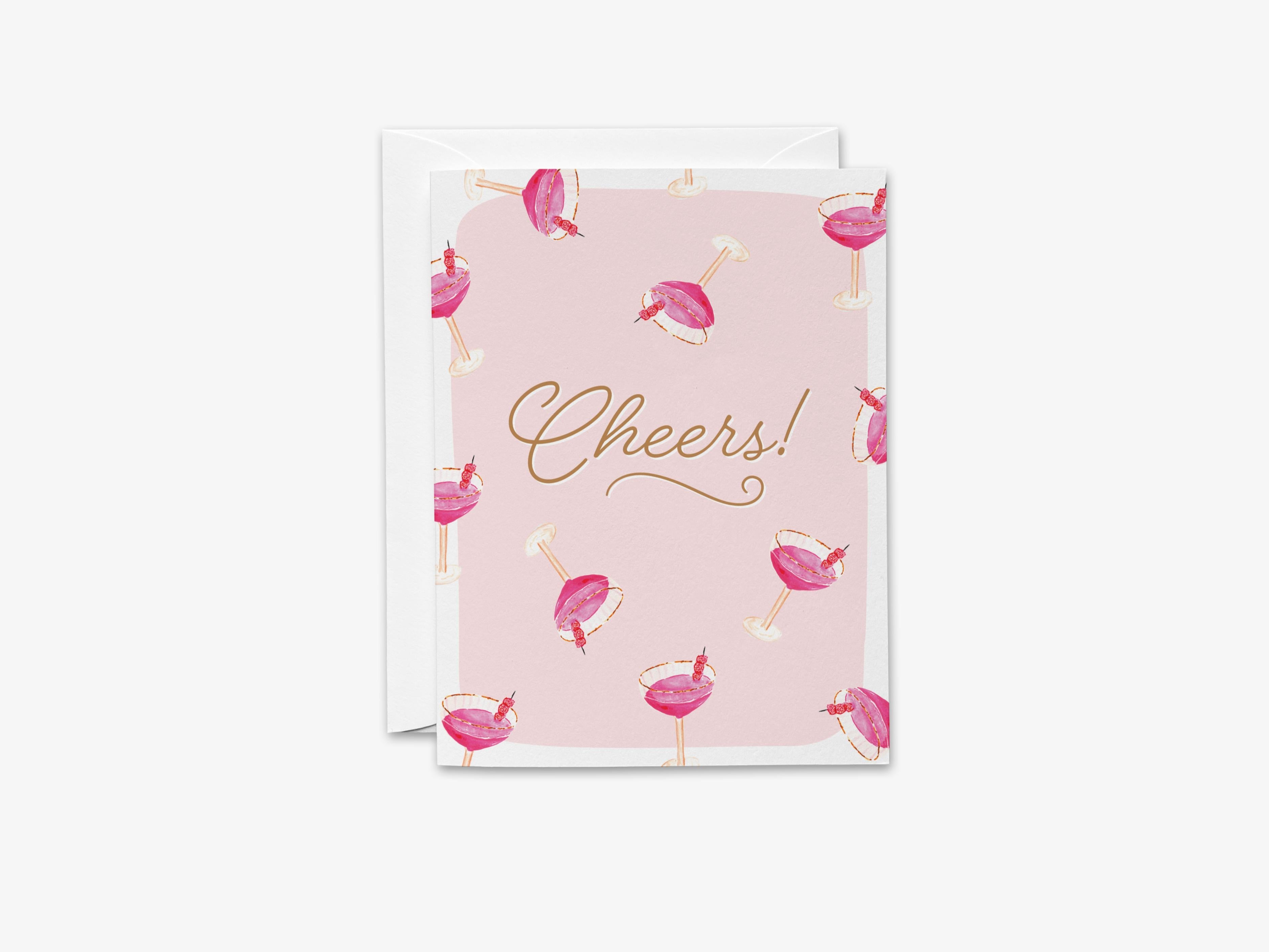 Cheers Pink Cocktail Greeting Card-These folded greeting cards are 4.25x5.5 and feature our hand-painted cocktail glasses, printed in the USA on 100lb textured stock. They come with a White envelope and make a great congratulations or birthday card for the cocktail lover in your life.-The Singing Little Bird
