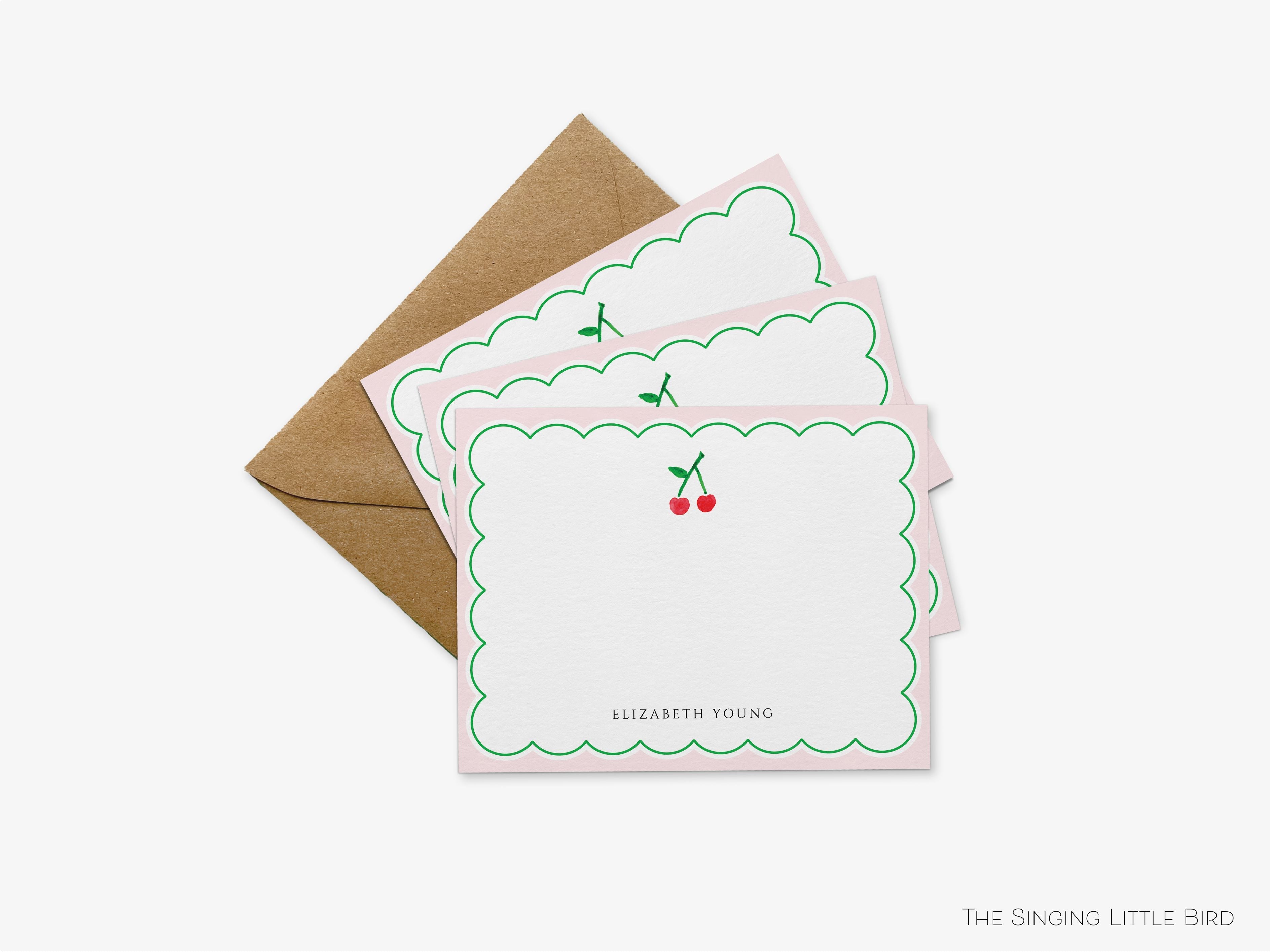 Cherry Flat Notes-These personalized flat notecards are 4.25x5.5 and feature our hand-painted watercolor Cherries , printed in the USA on 120lb textured stock. They come with your choice of envelopes and make great thank yous and gifts for the fruit lover in your life.-The Singing Little Bird