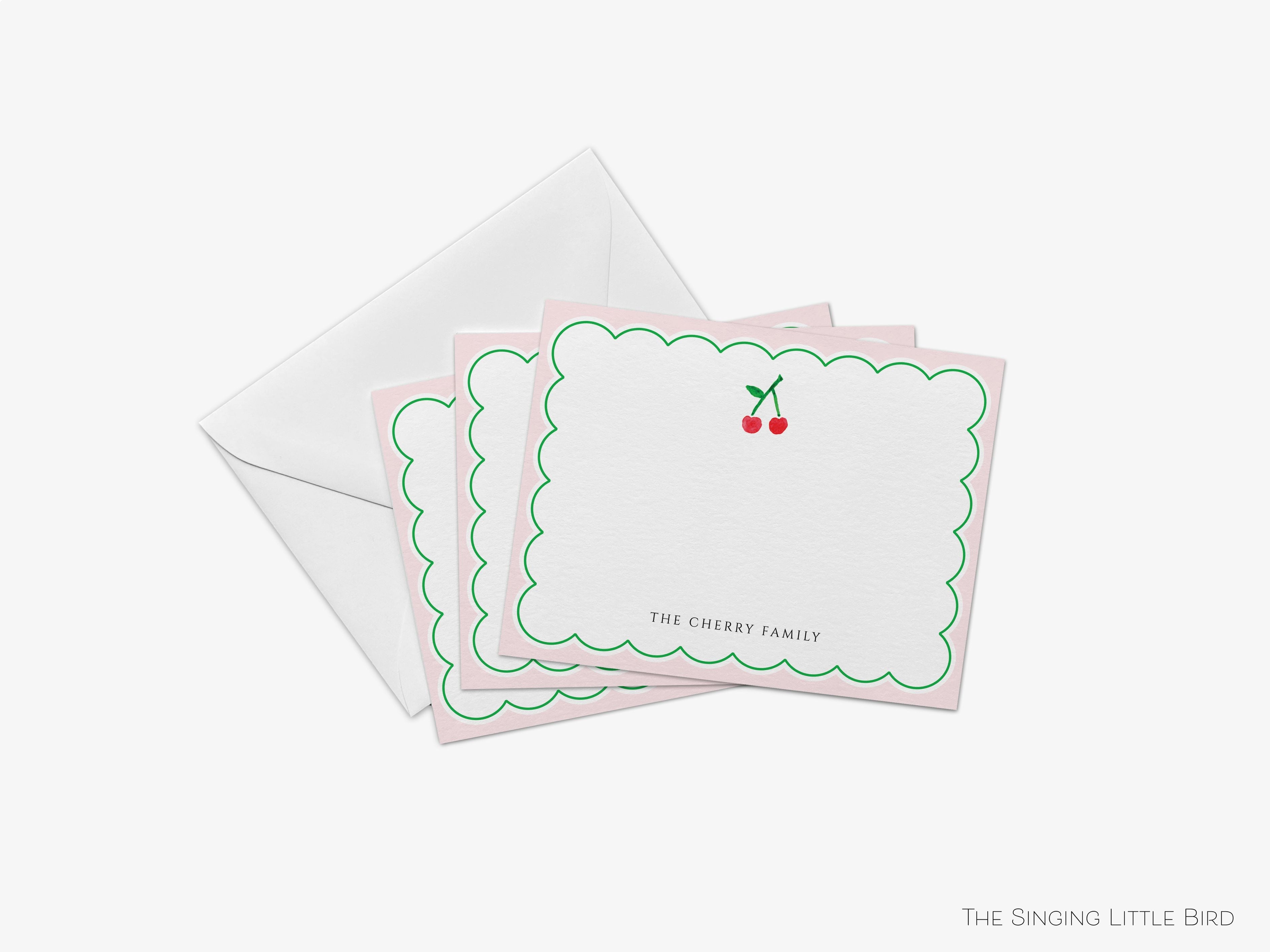 Cherry Flat Notes-These personalized flat notecards are 4.25x5.5 and feature our hand-painted watercolor Cherries , printed in the USA on 120lb textured stock. They come with your choice of envelopes and make great thank yous and gifts for the fruit lover in your life.-The Singing Little Bird