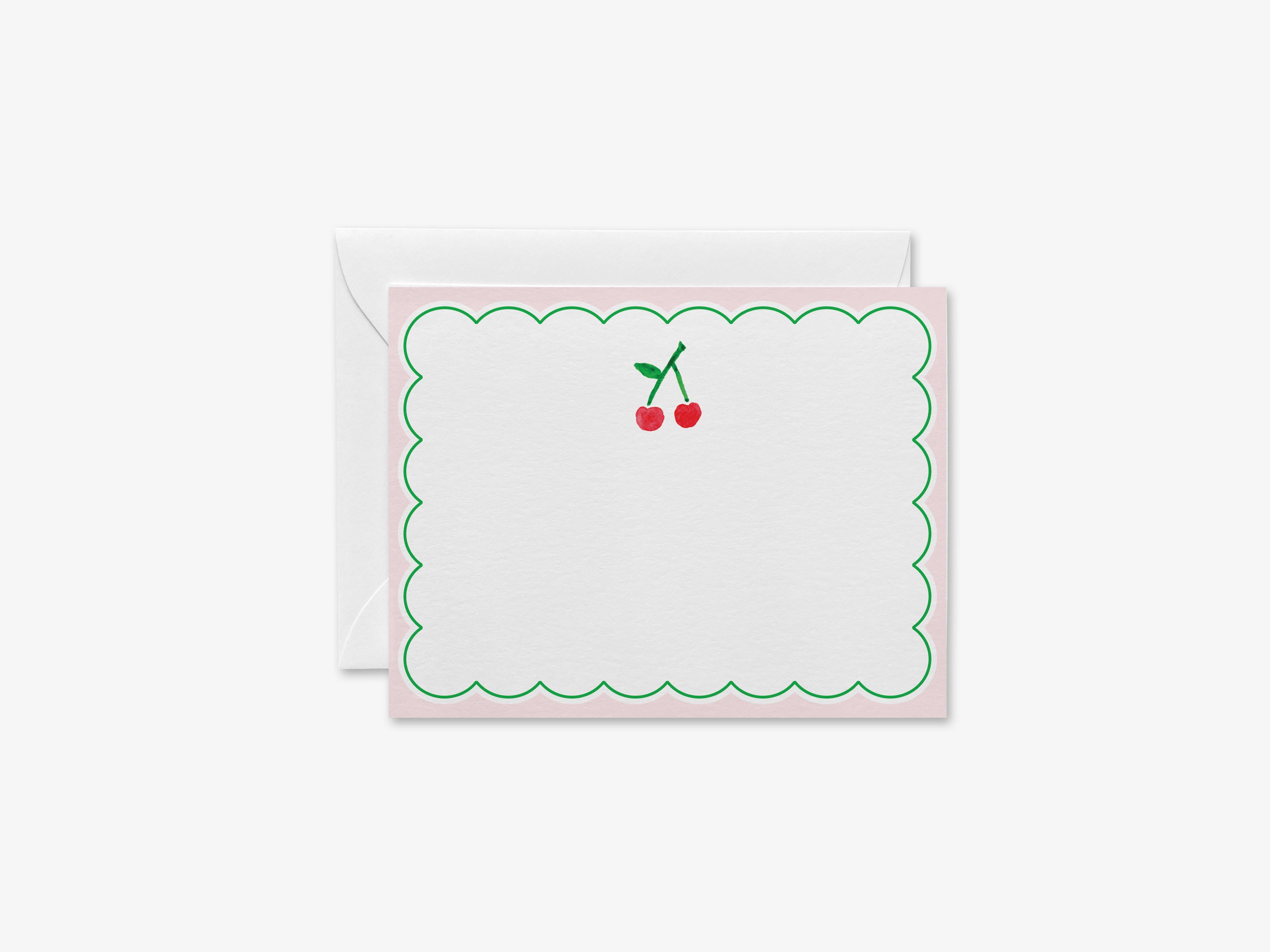 Cherry Flat Notes-These personalized flat notecards are 4.25x5.5 and feature our hand-painted watercolor Cherries , printed in the USA on 120lb textured stock. They come with your choice of envelopes and make great thank yous and gifts for the fruit lover in your life.-The Singing Little Bird