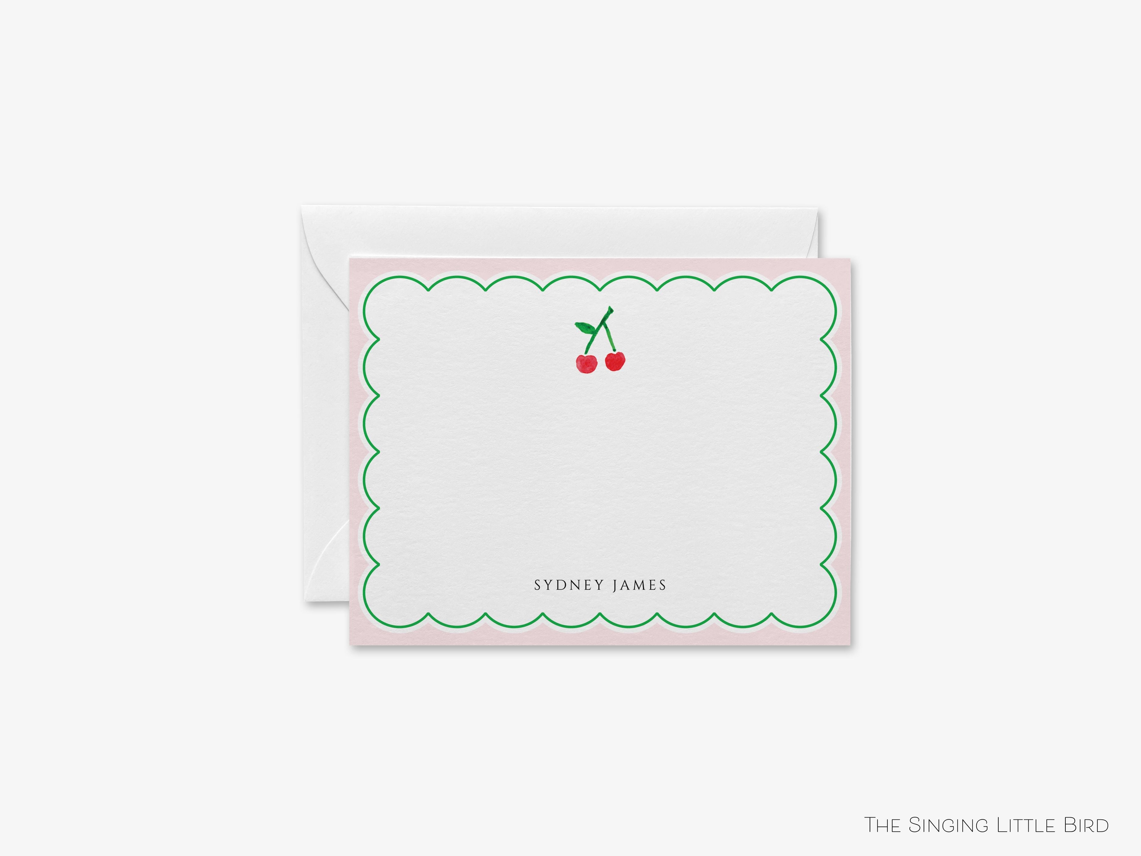 Cherry Flat Notes-These personalized flat notecards are 4.25x5.5 and feature our hand-painted watercolor Cherries , printed in the USA on 120lb textured stock. They come with your choice of envelopes and make great thank yous and gifts for the fruit lover in your life.-The Singing Little Bird