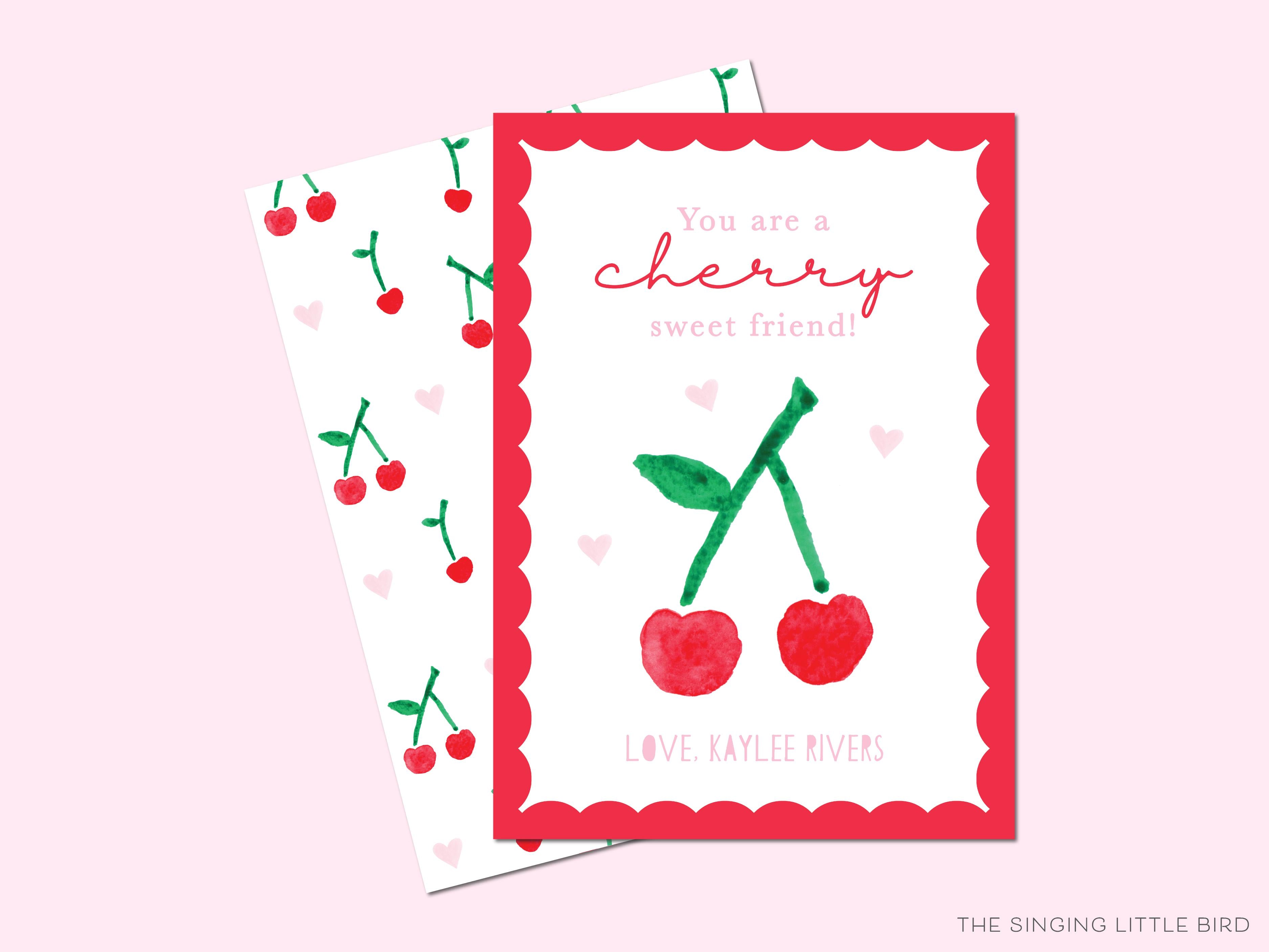 Cherry Pun Valentine's Day Cards-These personalized flat notecards are 3.5" x 4.875 and feature our hand-painted watercolor cherries, printed in the USA on 120lb textured stock. They come with white envelopes and make great Valentine's Day cards for kids and fruit lovers in your life.-The Singing Little Bird