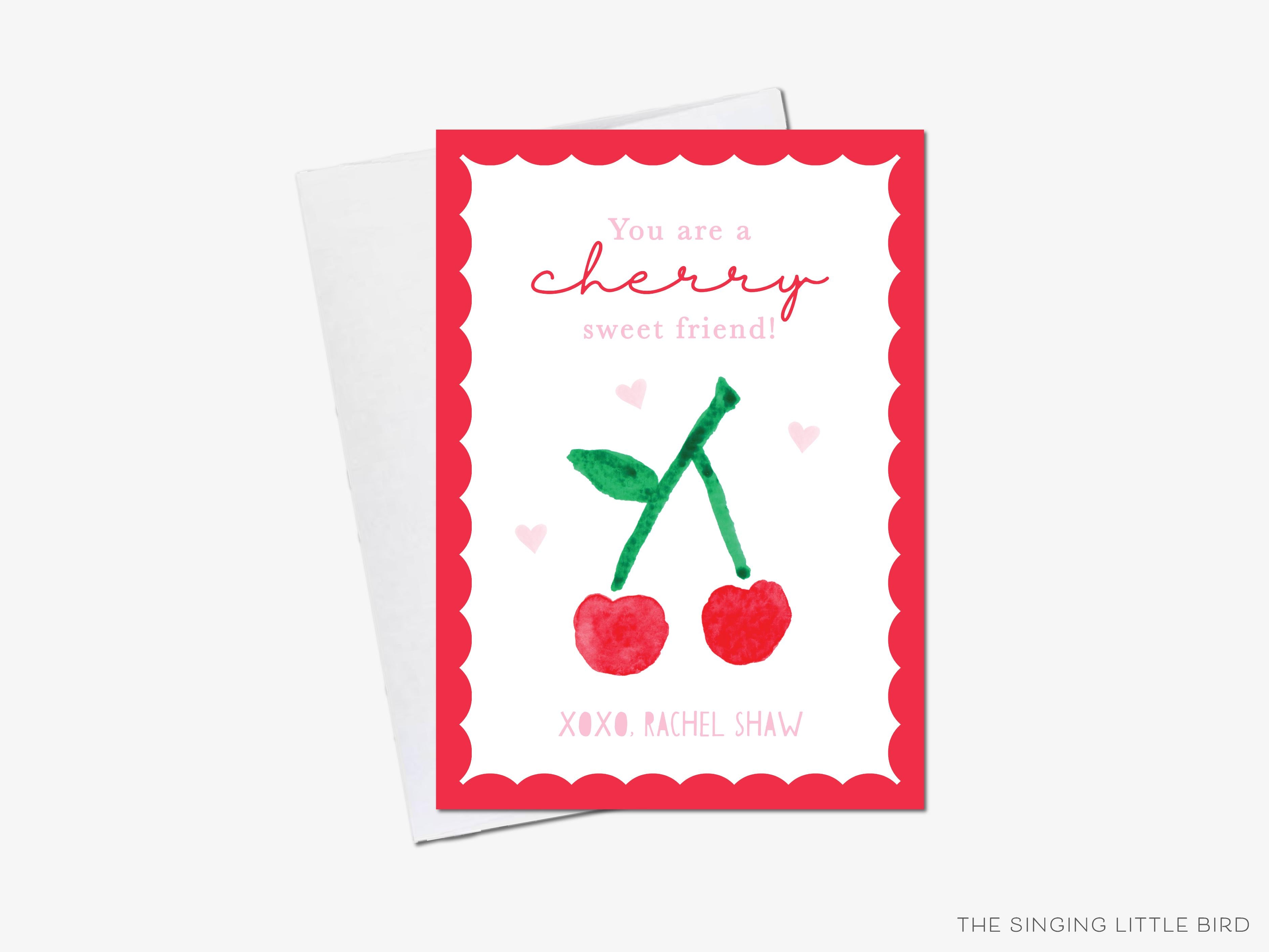 Cherry Pun Valentine's Day Cards-These personalized flat notecards are 3.5" x 4.875 and feature our hand-painted watercolor cherries, printed in the USA on 120lb textured stock. They come with white envelopes and make great Valentine's Day cards for kids and fruit lovers in your life.-The Singing Little Bird