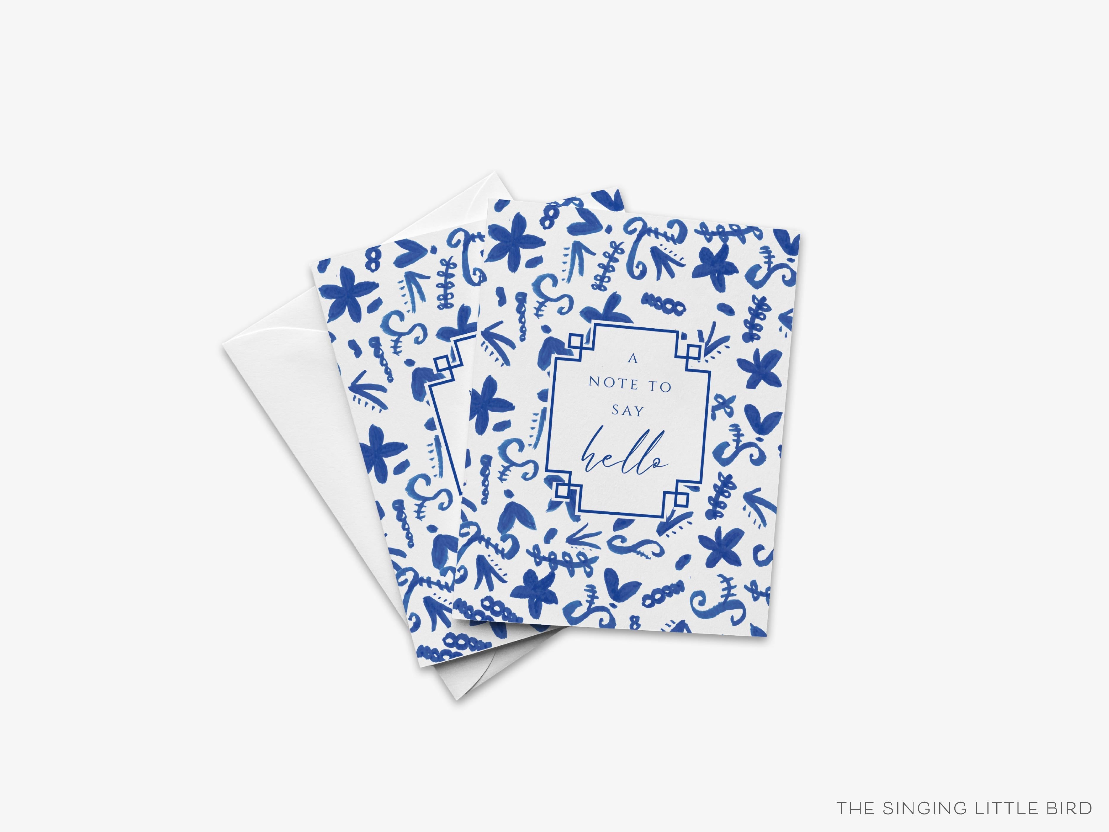 Chinoiserie Greeting Card-These folded greeting cards are 4.25x5.5 and feature our hand-painted blue and white floral pattern, printed in the USA on 100lb textured stock. They come with a White envelope and make a great just because card for the chinoiserie in your life.-The Singing Little Bird