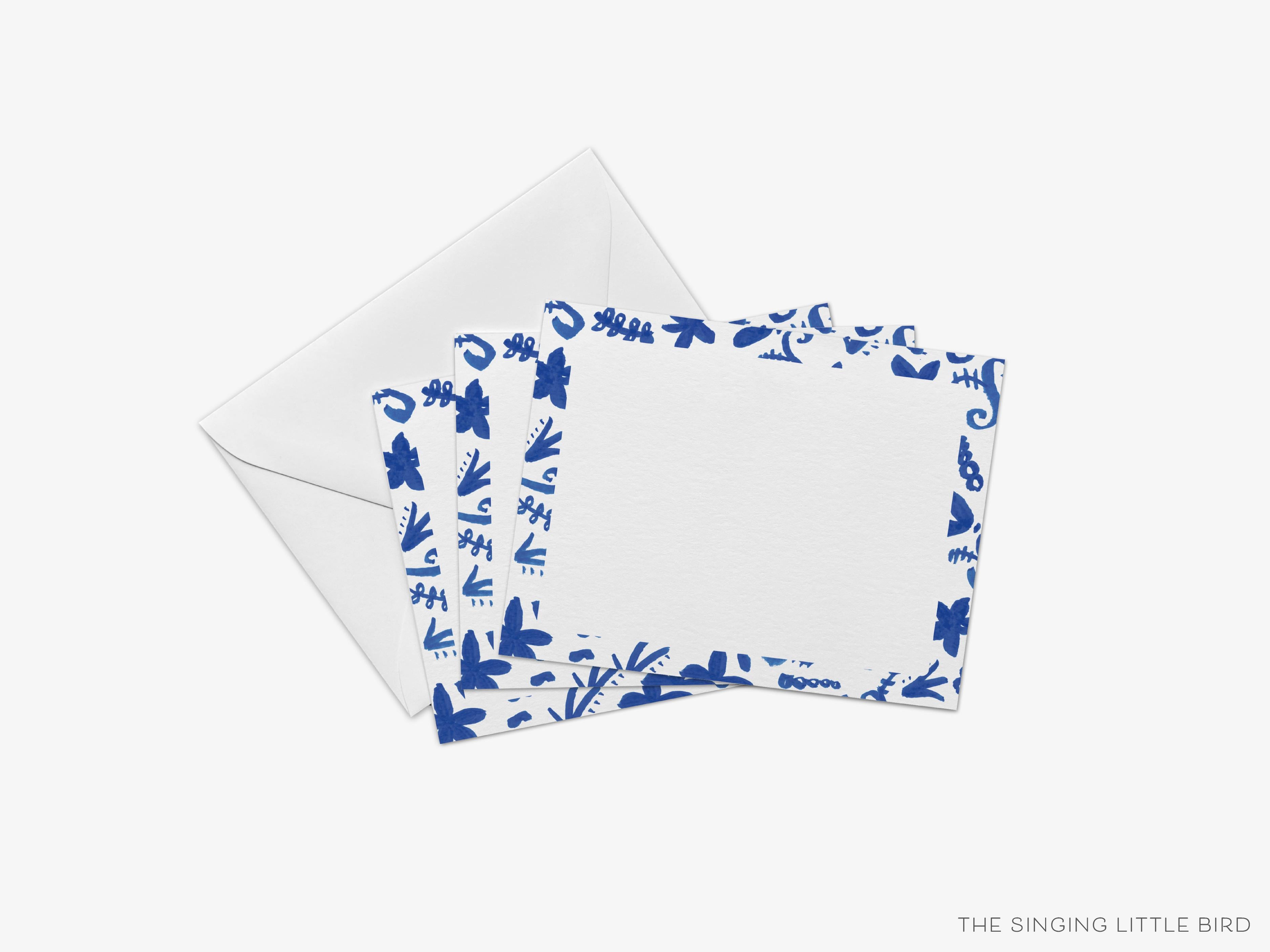 Chinoiserie Pattern Flat Notes [Sets of 8]-These flat notecards are 4.25x5.5 and feature our hand-painted watercolor blue floral pattern, printed in the USA on 120lb textured stock. They come with white envelopes and make great thank yous and gifts for the chinoiserie lover in your life.-The Singing Little Bird