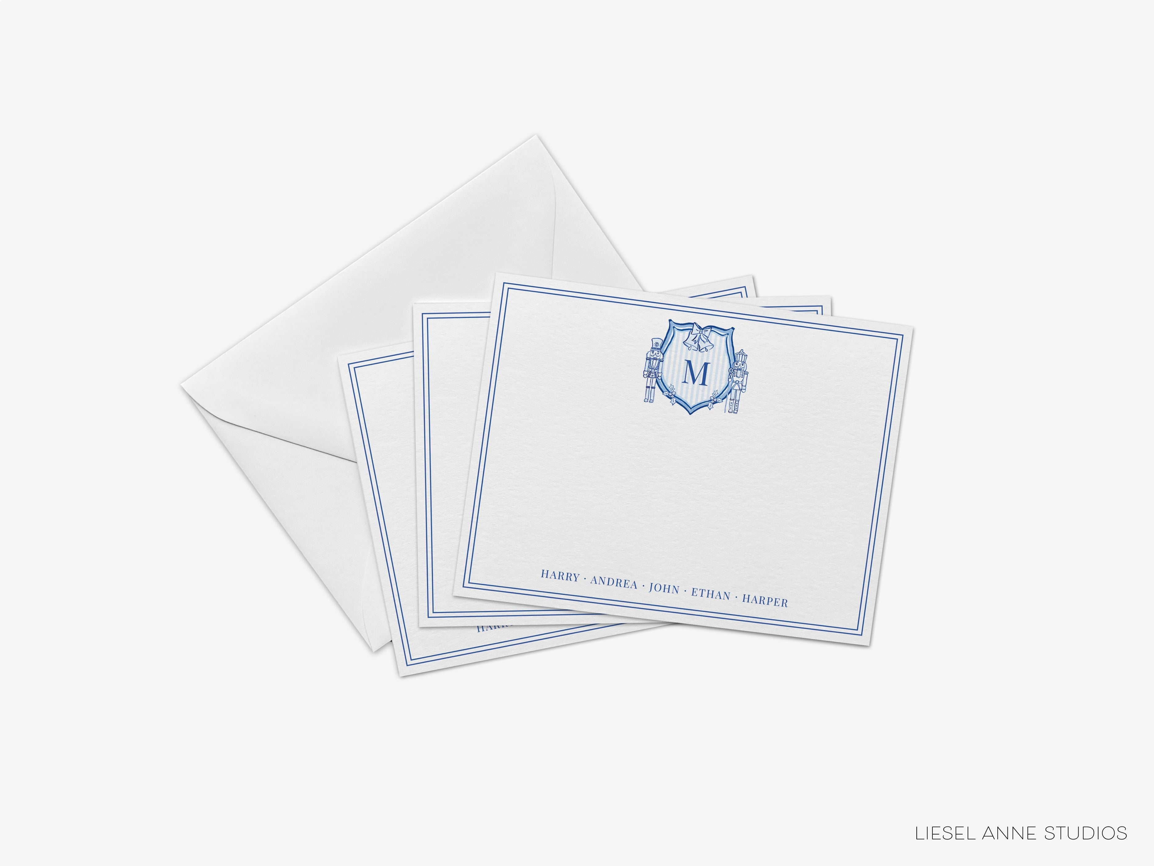 Christmas Crest Blue & White Flat Notes-These personalized flat notecards are 4.25x5.5 and feature our hand-painted watercolor striped nutcracker crest, printed in the USA on 120lb textured stock. They come with your choice of envelopes and make great thank you and gifts for the blue and white holiday lover in your life.-The Singing Little Bird