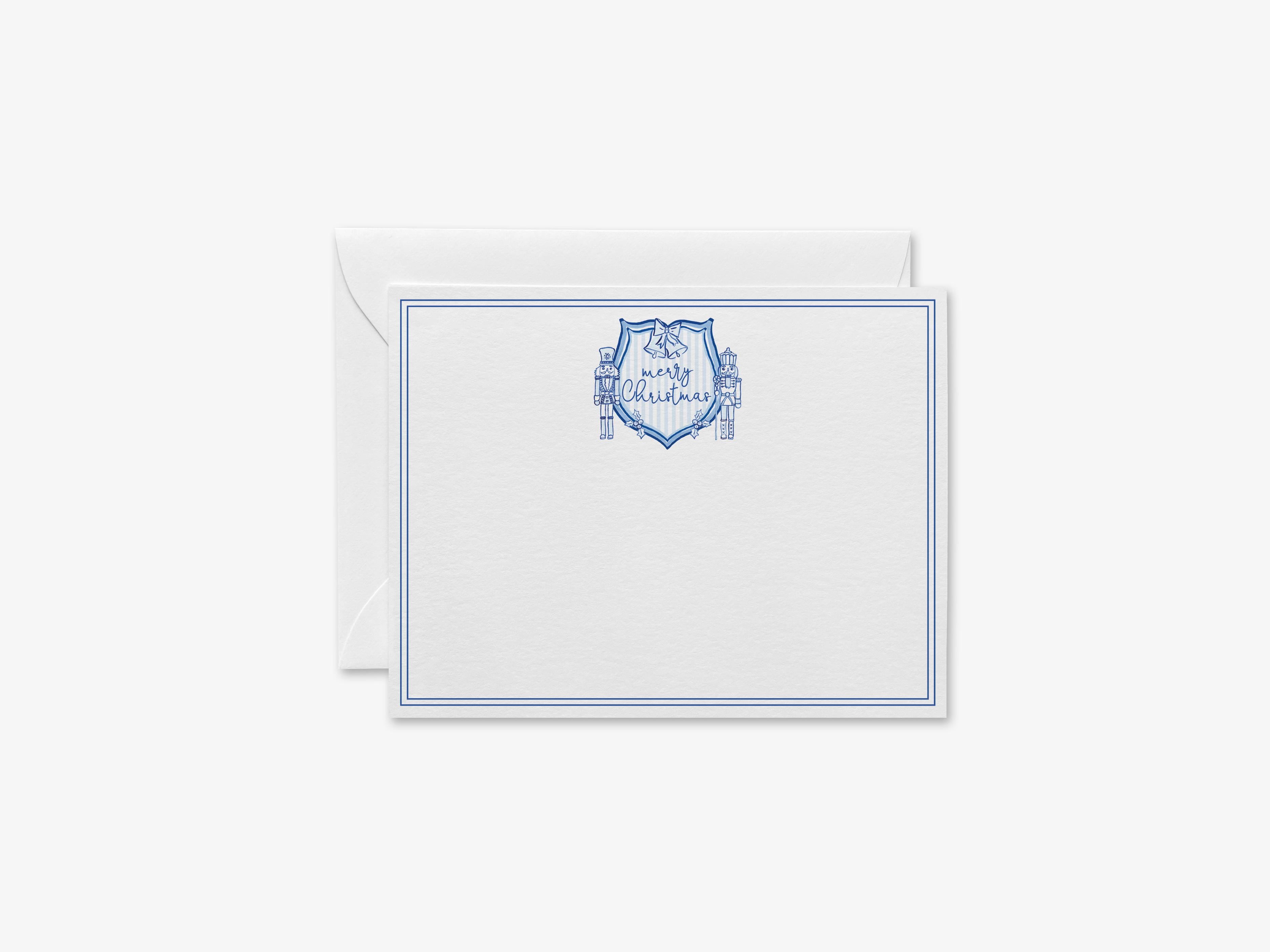 Christmas Crest Blue & White Flat Notes-These personalized flat notecards are 4.25x5.5 and feature our hand-painted watercolor striped nutcracker crest, printed in the USA on 120lb textured stock. They come with your choice of envelopes and make great thank you and gifts for the blue and white holiday lover in your life.-The Singing Little Bird