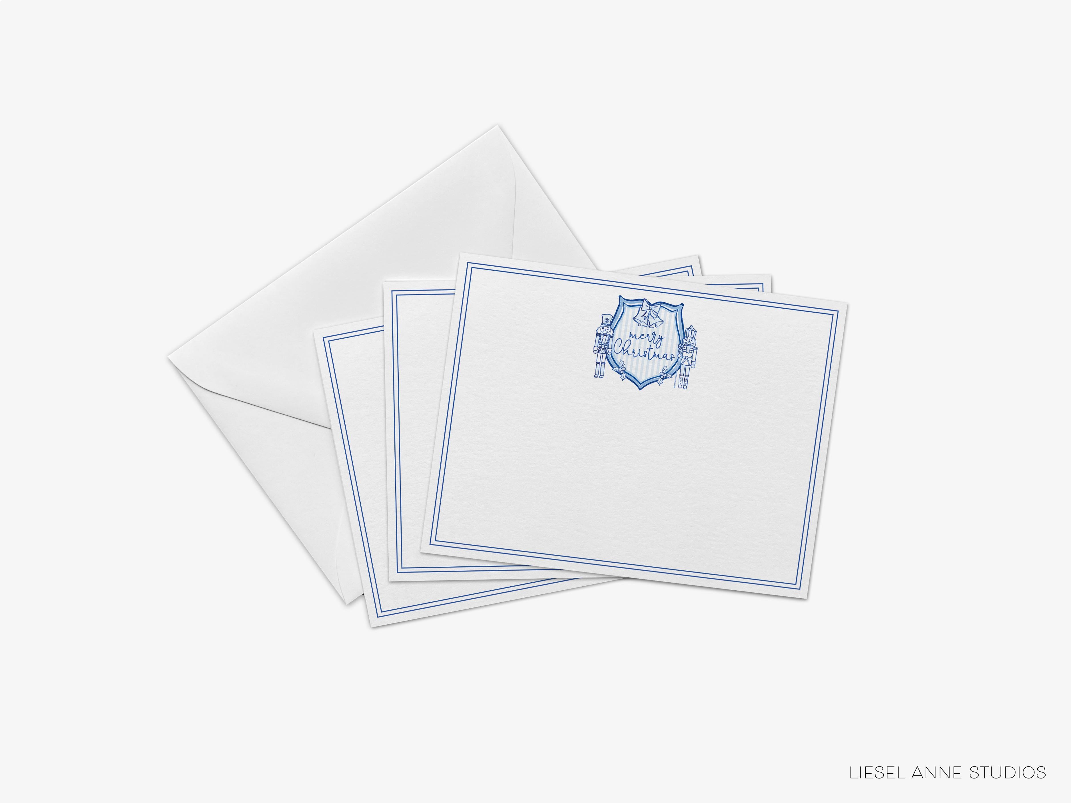 Christmas Crest Blue & White Flat Notes-These personalized flat notecards are 4.25x5.5 and feature our hand-painted watercolor striped nutcracker crest, printed in the USA on 120lb textured stock. They come with your choice of envelopes and make great thank you and gifts for the blue and white holiday lover in your life.-The Singing Little Bird