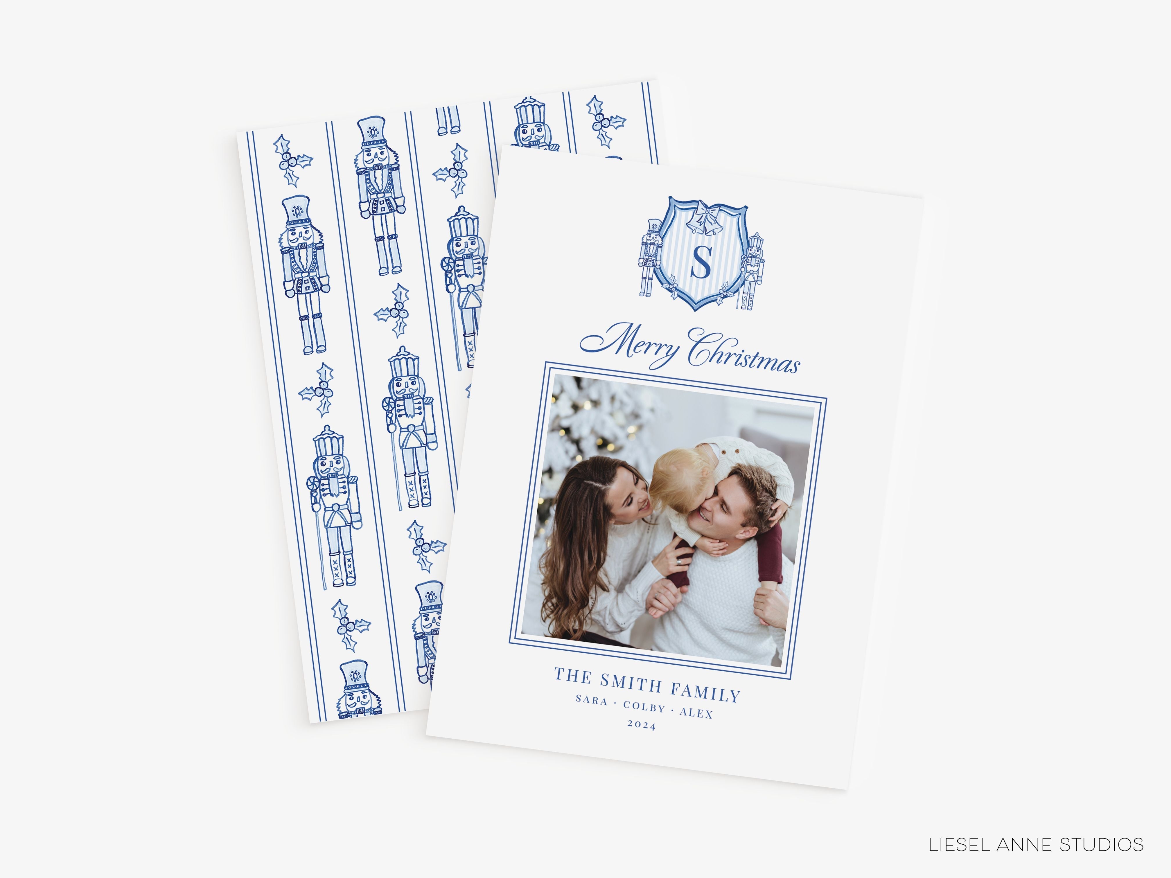 Christmas Crest Blue and White Holiday Photo Card-The Singing Little Bird