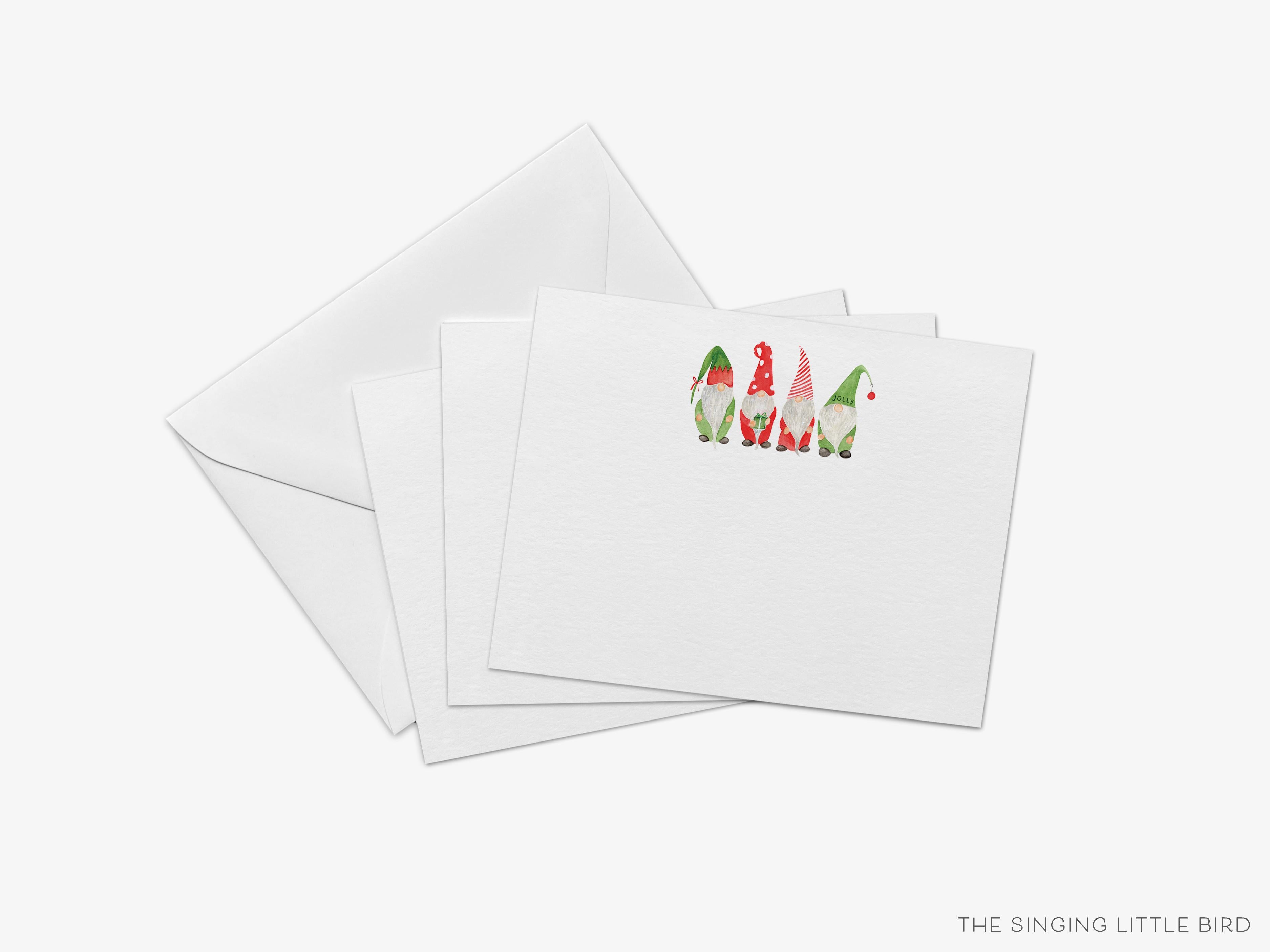 Christmas Gnome Flat Notes [Sets of 8]-These flat notecards are 4.25x5.5 and feature our hand-painted watercolor Gnome, printed in the USA on 120lb textured stock. They come with white envelopes and make great thank yous and gifts for the gnome lover in your life.-The Singing Little Bird