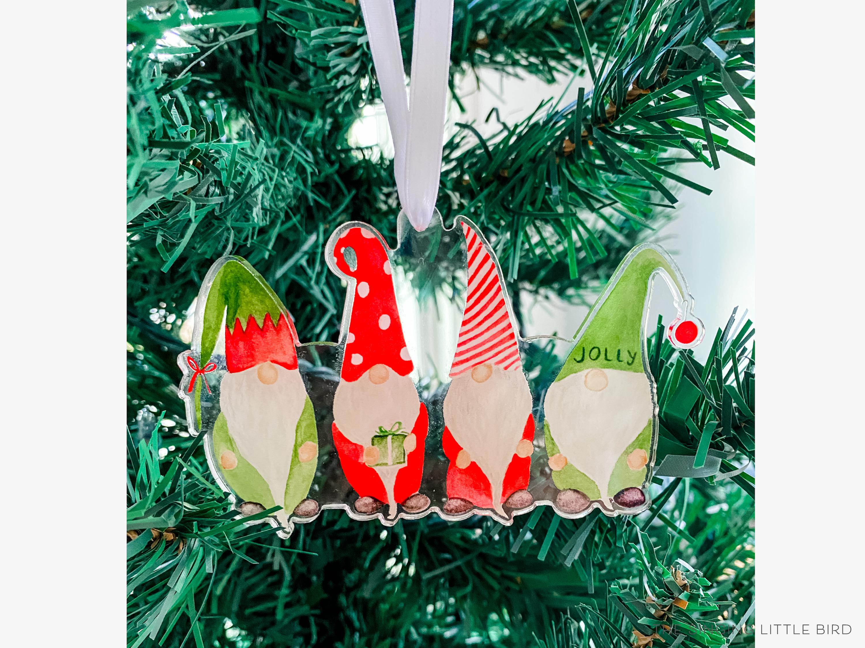 Christmas Gnomes Acrylic Ornament-These acrylic ornaments feature our hand-painted watercolor gnomes. They include a white silk ribbon and measure approximately 4" on its longest side, making a great addition to your Christmas tree or gift for the gnome lover in your life.-The Singing Little Bird