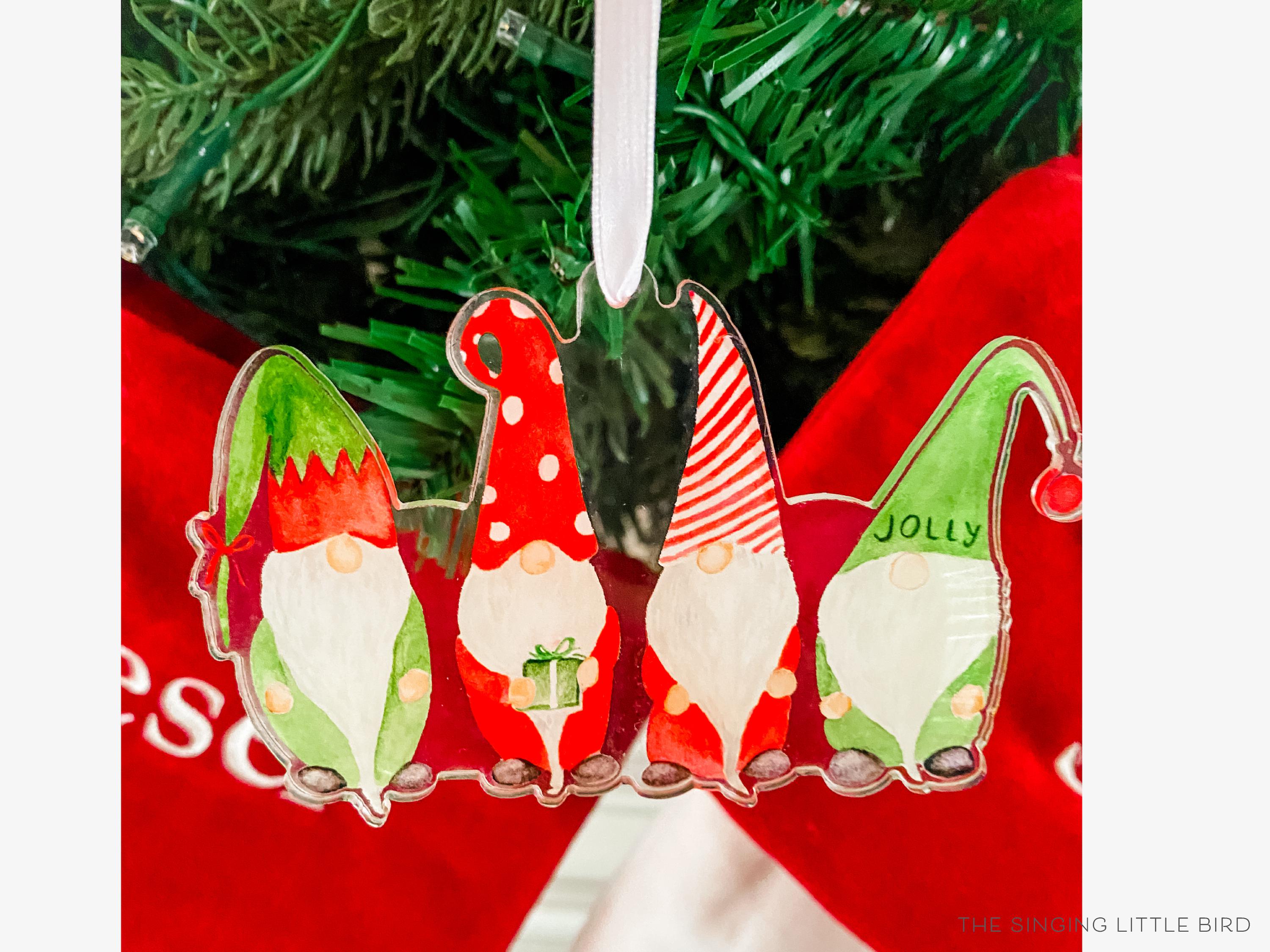 Christmas Gnomes Acrylic Ornament-These acrylic ornaments feature our hand-painted watercolor gnomes. They include a white silk ribbon and measure approximately 4" on its longest side, making a great addition to your Christmas tree or gift for the gnome lover in your life.-The Singing Little Bird