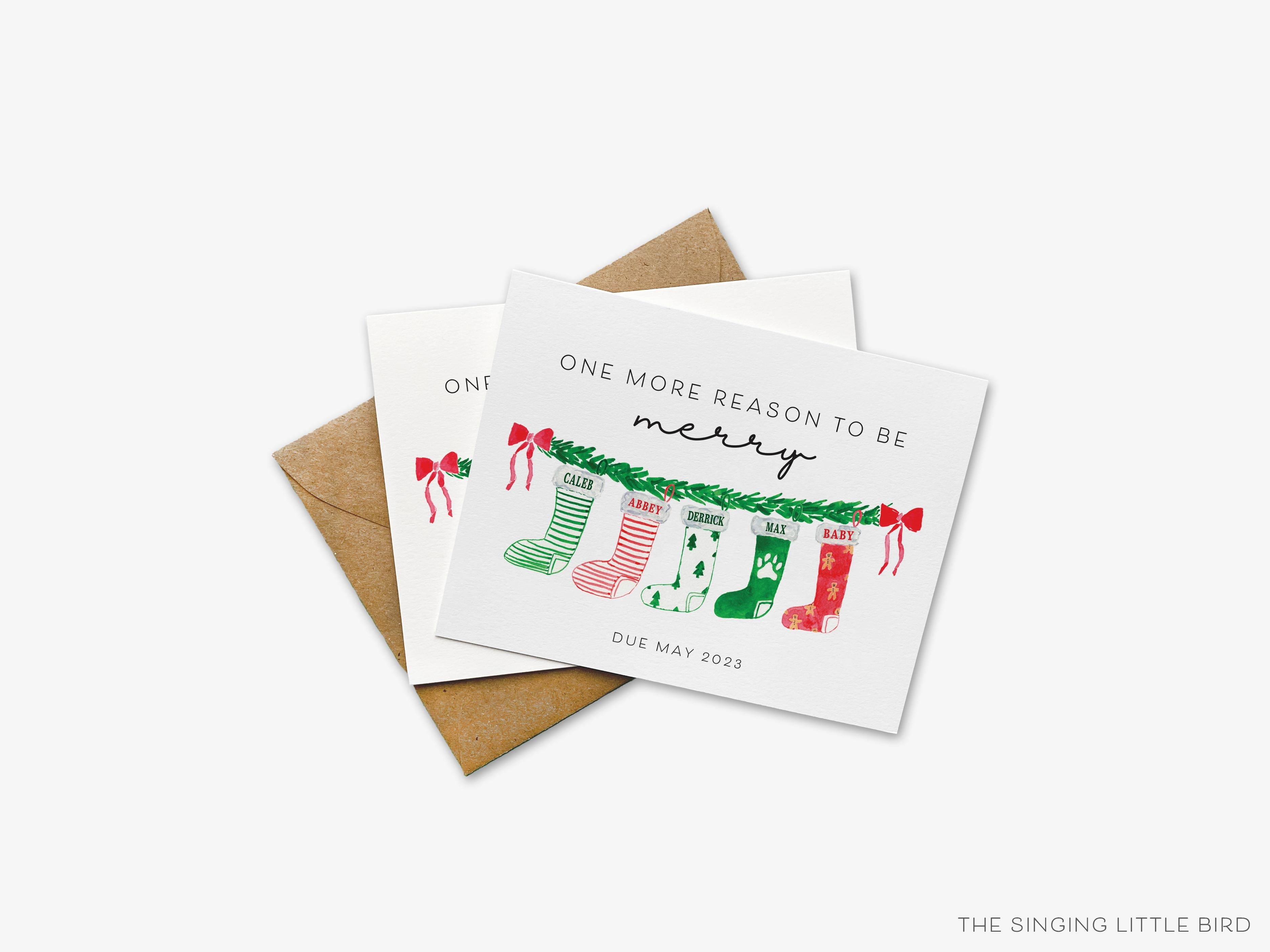 Christmas Pregnancy Announcement Cards-These folded greeting cards are 4.25x5.5 and feature our hand-painted Christmas stockings, printed in the USA on 100lb textured stock. They come with a White or Kraft envelope and make a great pregnancy announcement card for the loved ones in your life.-The Singing Little Bird