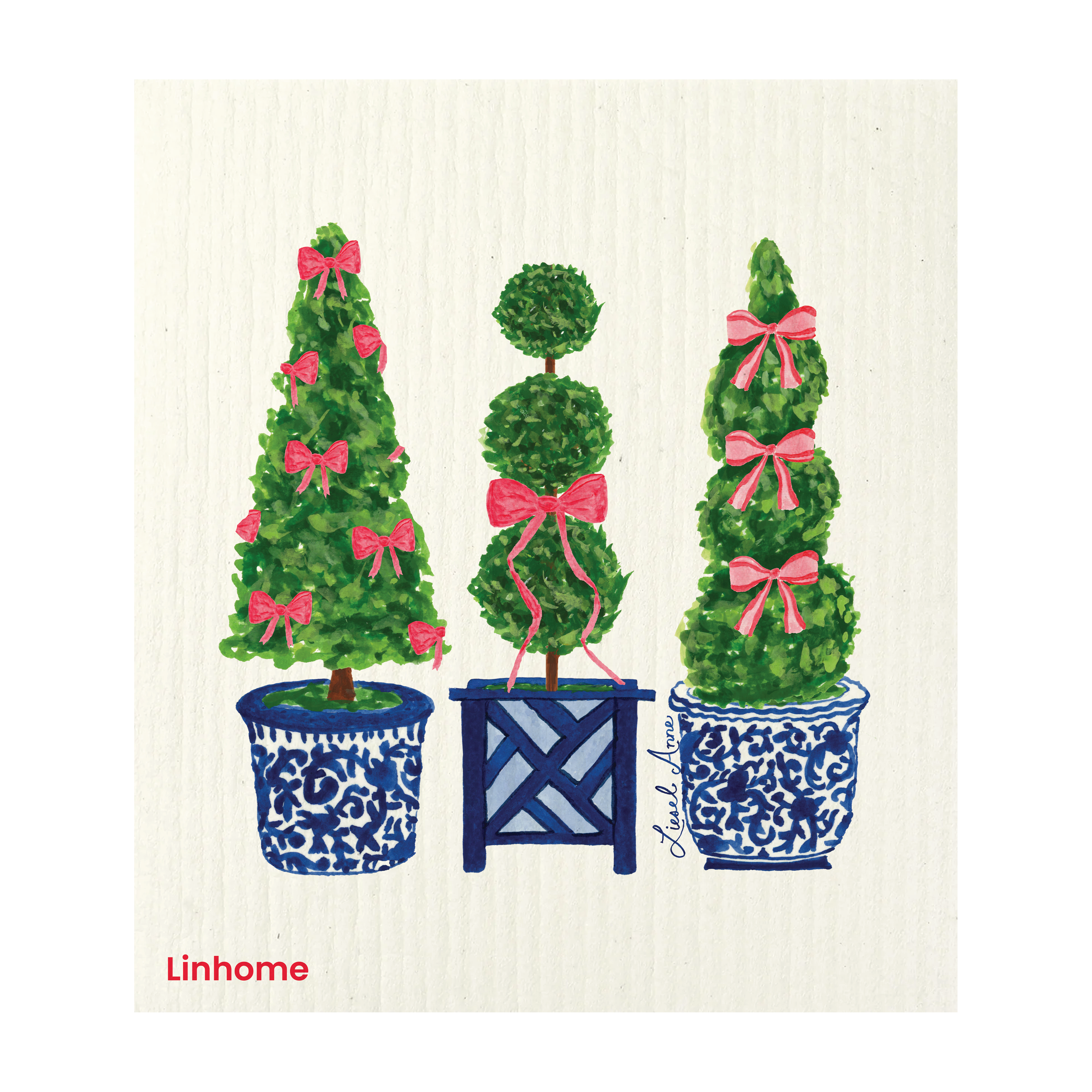 Evergreen Holiday Collection Festive Topiaries Trio- Linhome x Liesel Anne Swedish Dishcloths - 1 Pack
