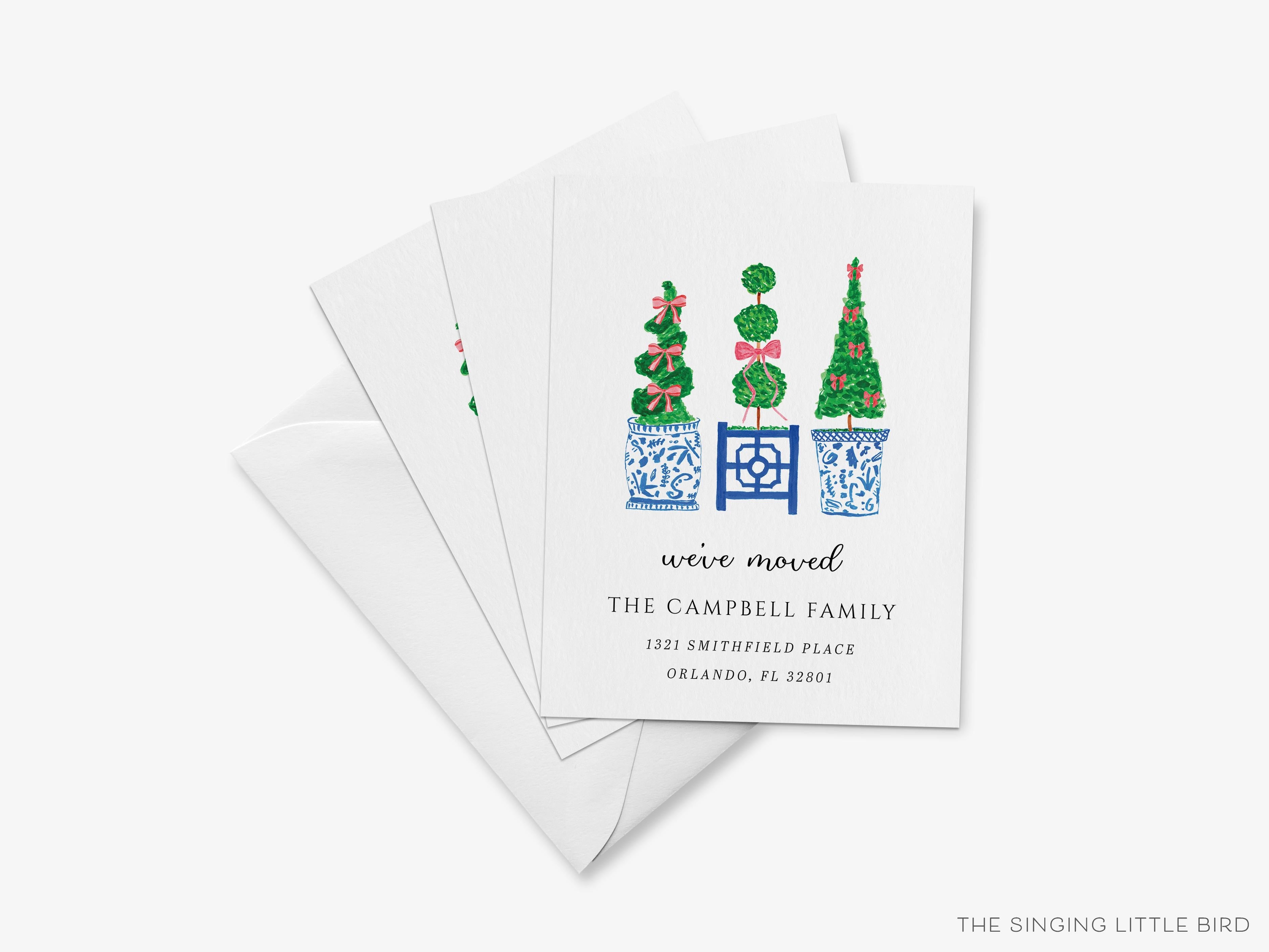 Christmas Topiary Moving Announcement-These personalized flat change of address cards are 4.25x5.5 and feature our hand-painted watercolor topiaries and chinoiserie planters, printed in the USA on 120lb textured stock. They come with your choice of envelopes and make great moving announcements for the Christmas lover.-The Singing Little Bird