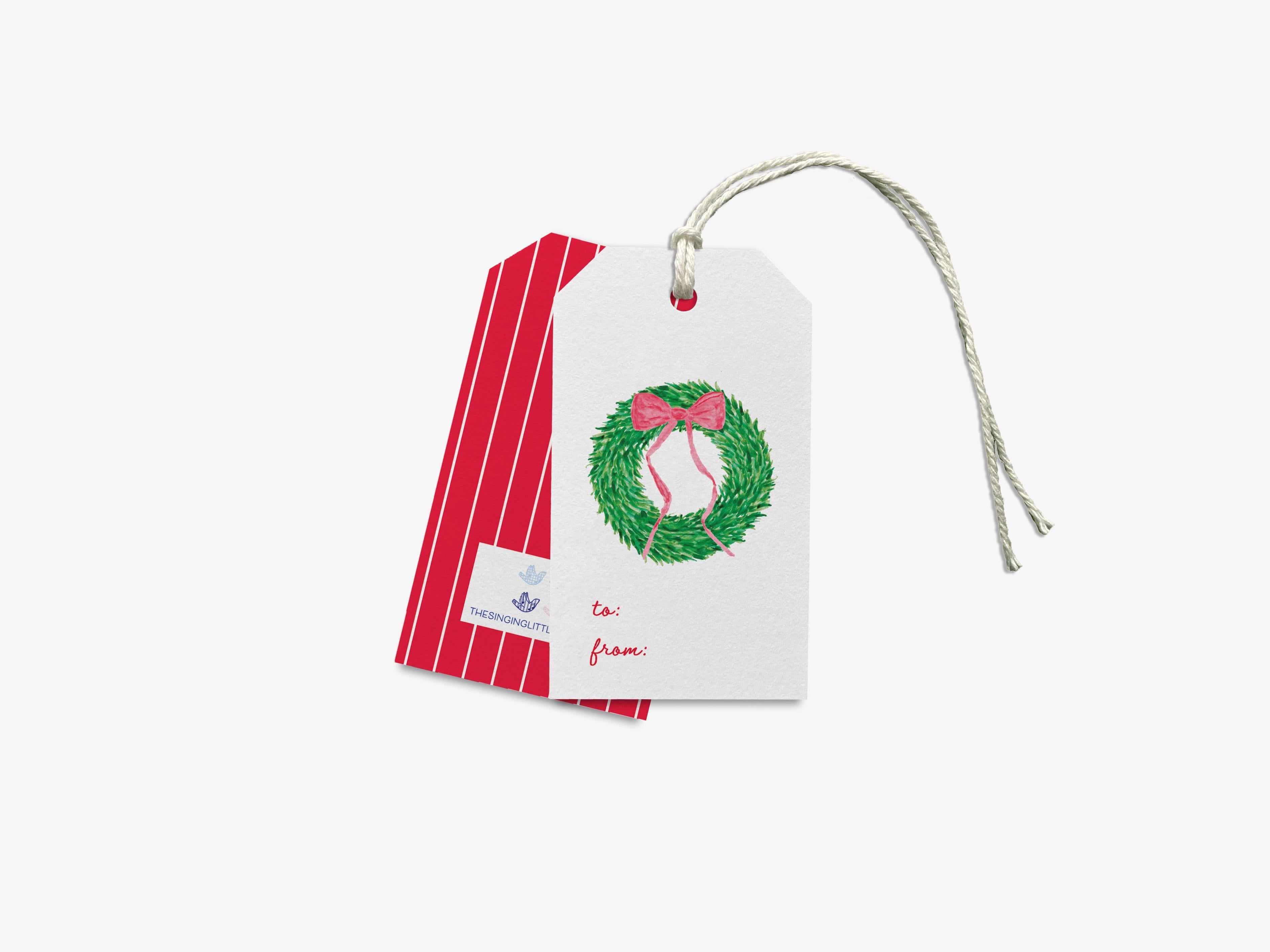Christmas Wreath Gift Tags [Sets of 8]-These gift tags come in sets, hole-punched with white twine and feature our hand painted watercolor wreath with a red bow, printed in the USA on 120lb textured stock. They make great tags for gifting or gifts for the holiday lover in your life.-The Singing Little Bird