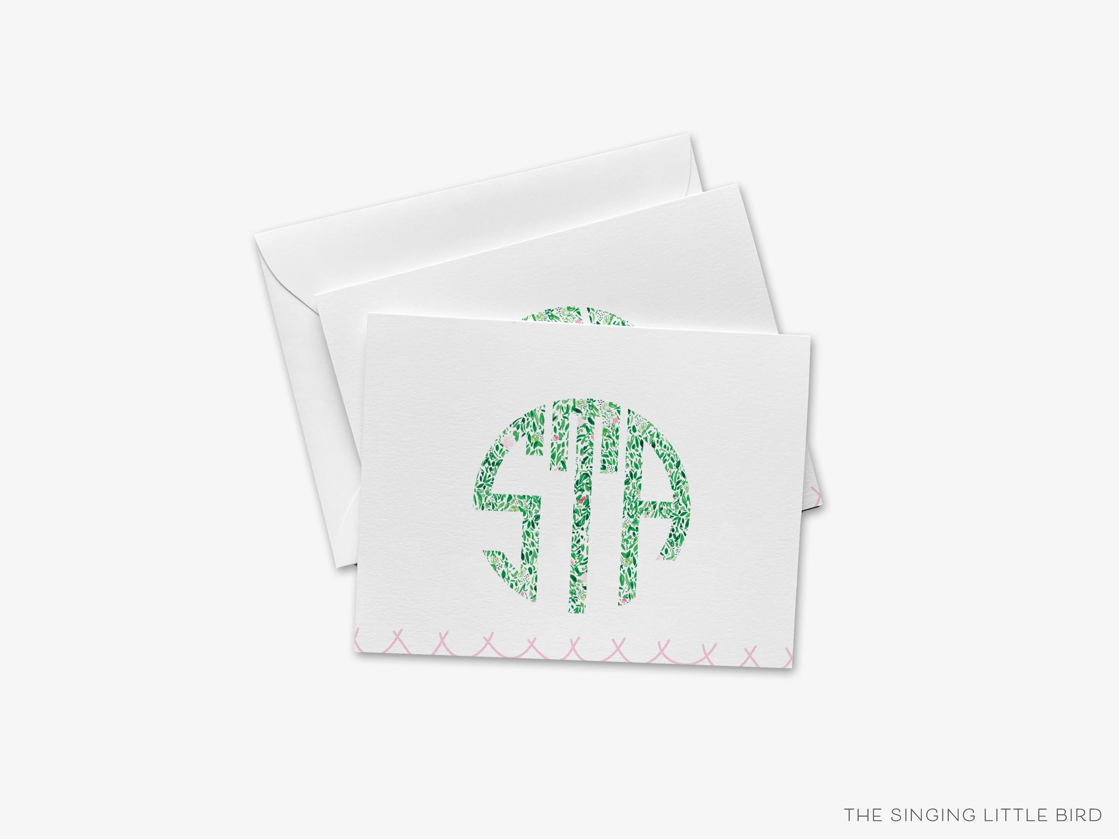 Circle Monogram Green Pattern Greeting Cards-These folded greeting cards are 4.25x5.5 and feature our hand-painted green floral pattern, printed in the USA on 100lb textured stock. They come with a White or Kraft envelope and make a great thank you or just because card personalized with your monogram.-The Singing Little Bird