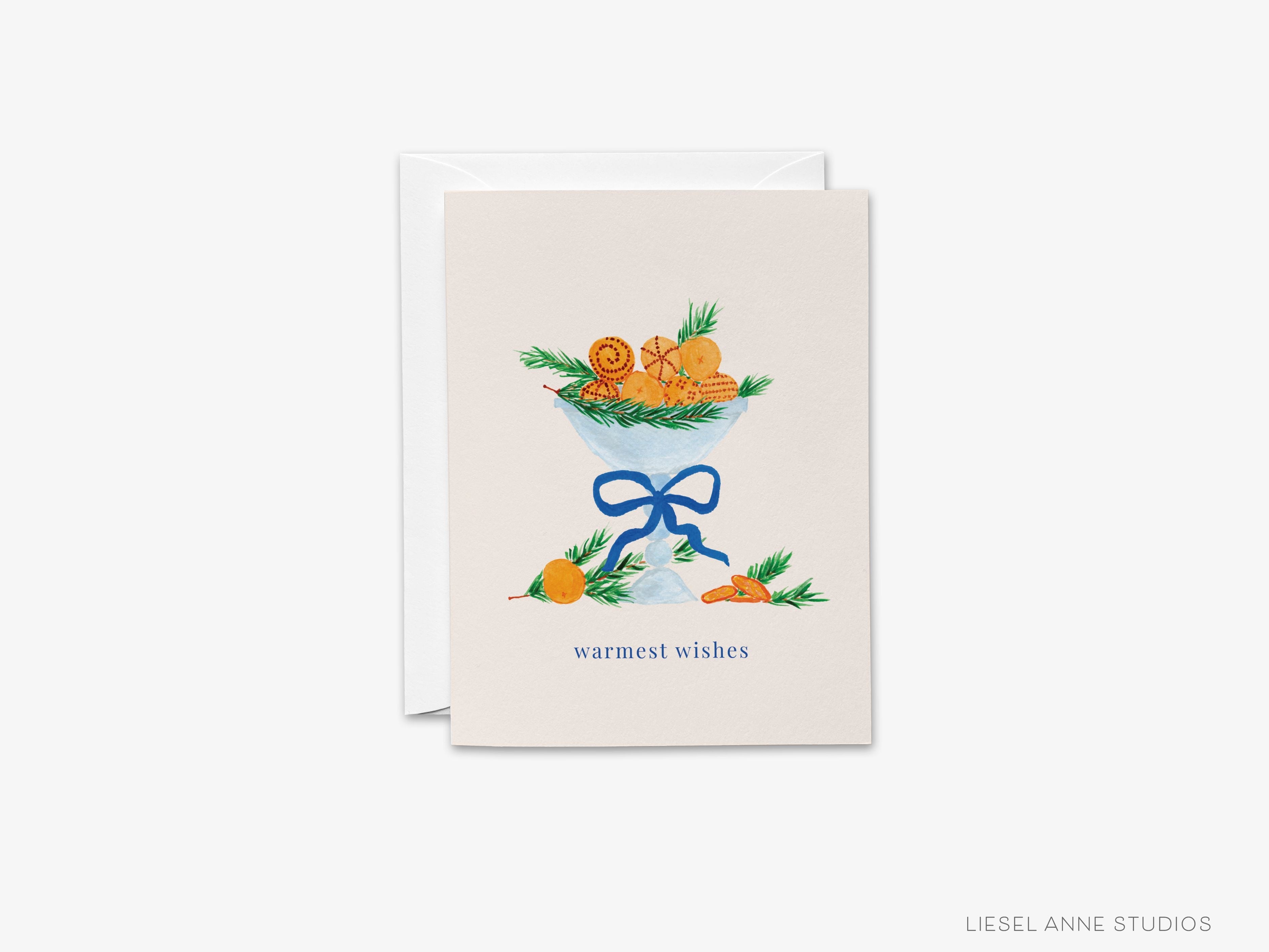 Citrus Holiday Warmest Wishes Greeting Card-These folded greeting cards are 4.25x5.5 and feature our hand-painted holiday orange bowl, printed in the USA on 100lb textured stock. They come with a White envelope and make a great Holiday card for the citrus lover in your life.-The Singing Little Bird