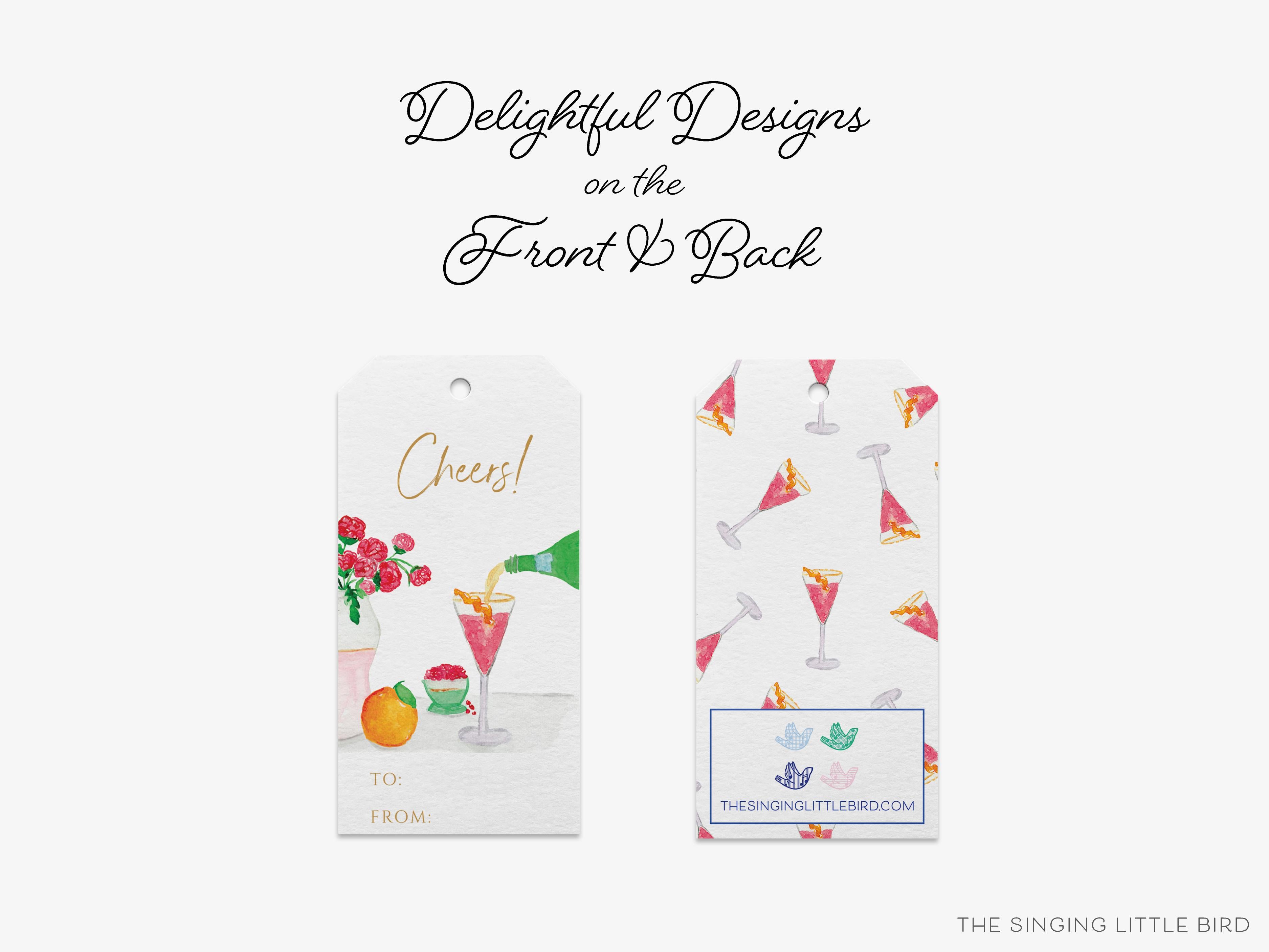 Cocktail Scene Cheers Gift Tags [Set of 8]-These gift tags come in sets, hole-punched with white twine and feature our hand-painted watercolor flowers, fruit, and cocktail glass, printed in the USA on 120lb textured stock. They make great tags for gifting or gifts for the cocktail lover in your life.-The Singing Little Bird