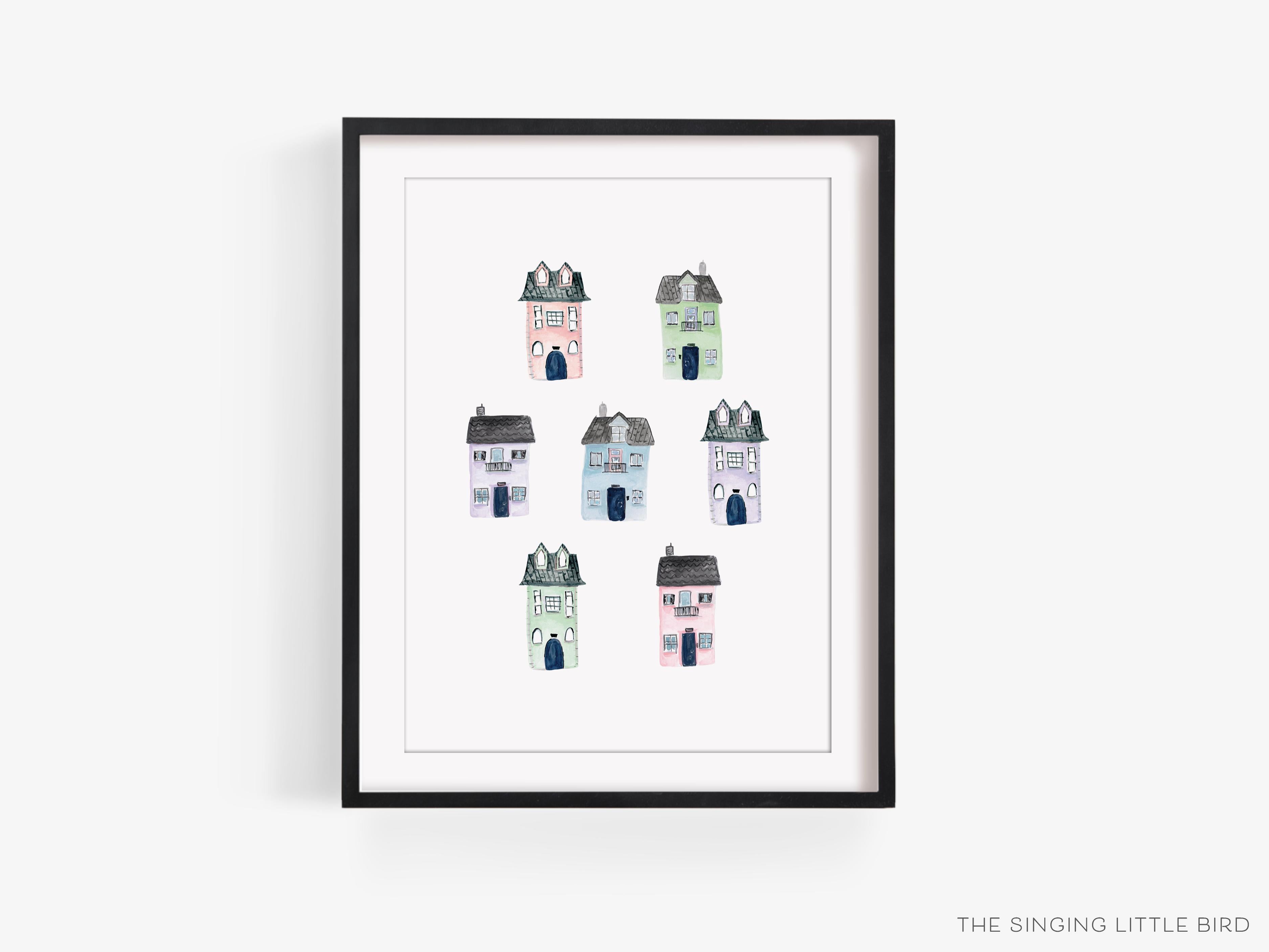 Colorful Houses Art Print-This watercolor art print features our hand-painted houses, printed in the USA on 120lb high quality art paper. This makes a great gift or wall decor for the home lover in your life.-The Singing Little Bird