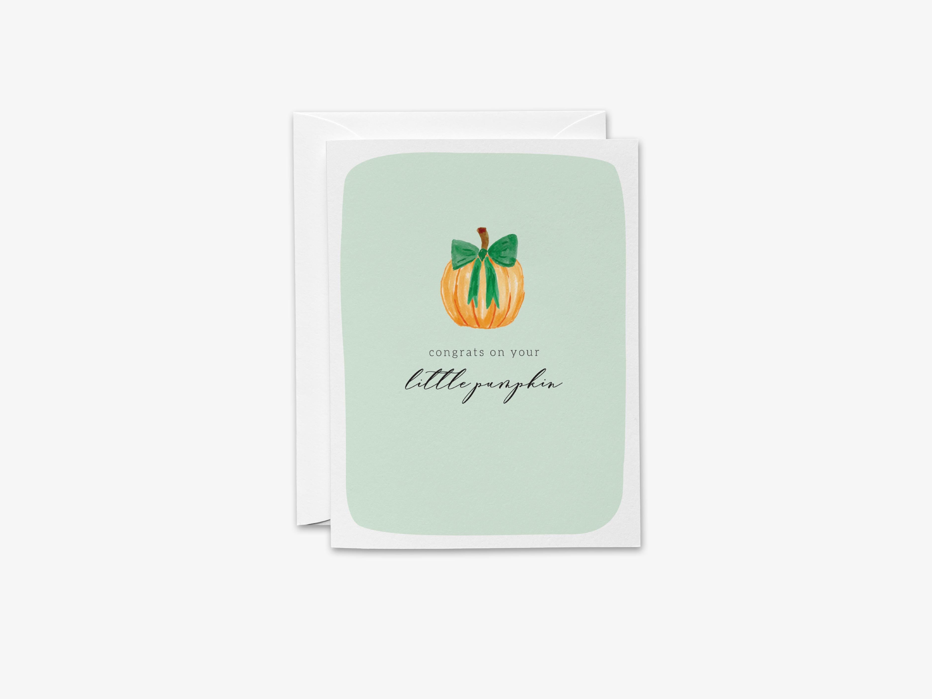 Congrats on Your Little Pumpkin Greeting Card-These folded greeting cards are 4.25x5.5 and feature our hand-painted pumpkin, printed in the USA on 100lb textured stock. They come with a White envelope and make a great congratulations card for the new fall baby in your life.-The Singing Little Bird