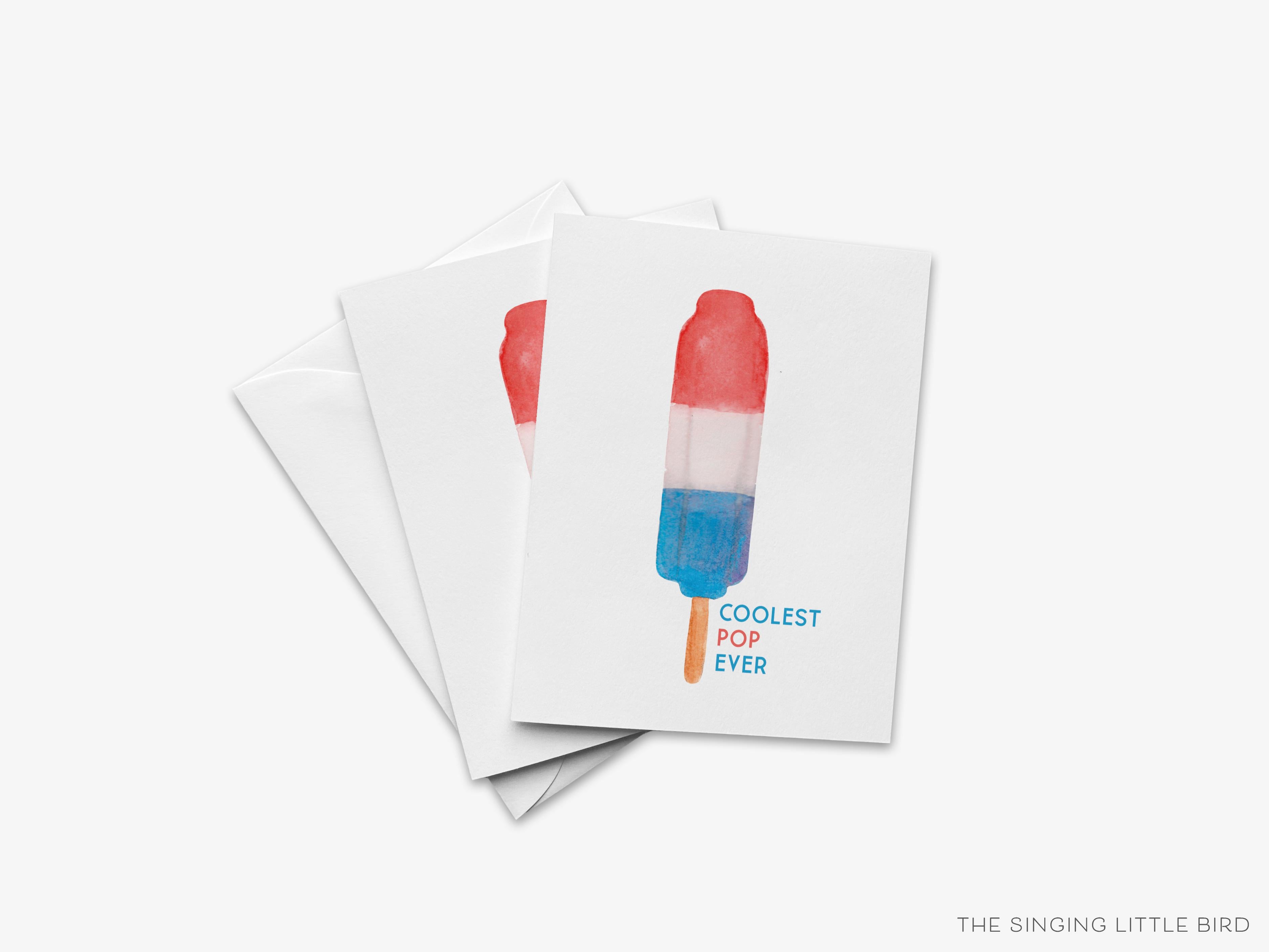 Coolest Pop Ever Father's Day Card-These folded greeting cards are 4.25x5.5 and feature our hand-painted popsicle, printed in the USA on 100lb textured stock. They come with a White envelope and make a great Father's Day, birthday or just because card for the dad that loves funny jokes.-The Singing Little Bird