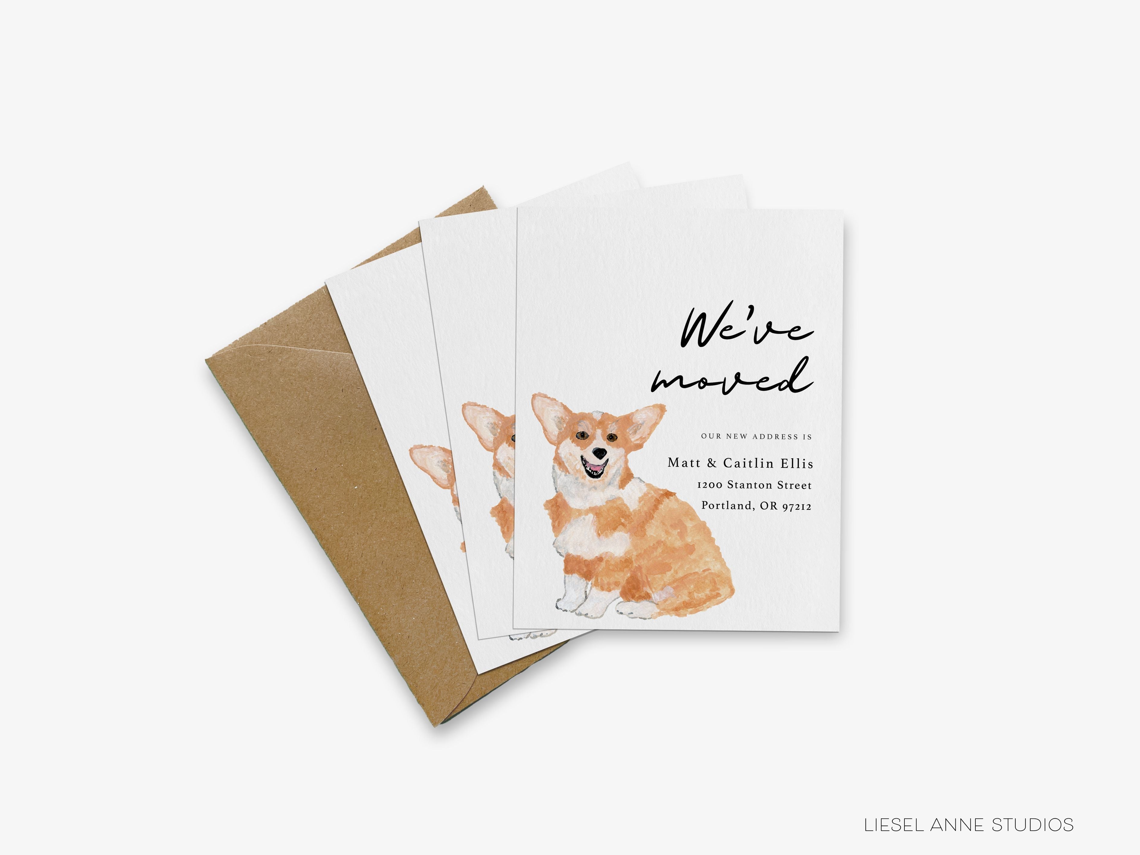 Corgi Moving Announcement-These personalized flat change of address cards are 4.25x5.5 and feature our hand-painted watercolor Corgi, printed in the USA on 120lb textured stock. They come with your choice of envelopes and make great moving announcements for the dog lover.-The Singing Little Bird