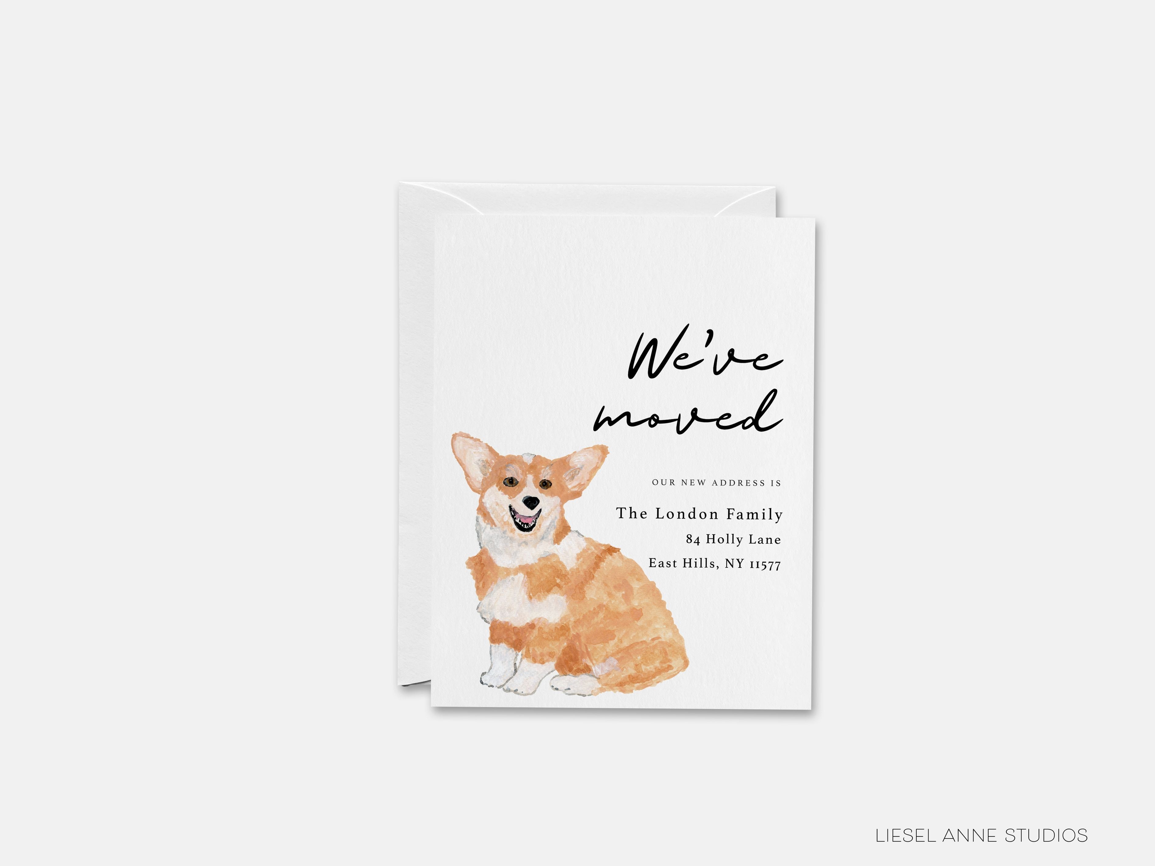 Corgi Moving Announcement-These personalized flat change of address cards are 4.25x5.5 and feature our hand-painted watercolor Corgi, printed in the USA on 120lb textured stock. They come with your choice of envelopes and make great moving announcements for the dog lover.-The Singing Little Bird