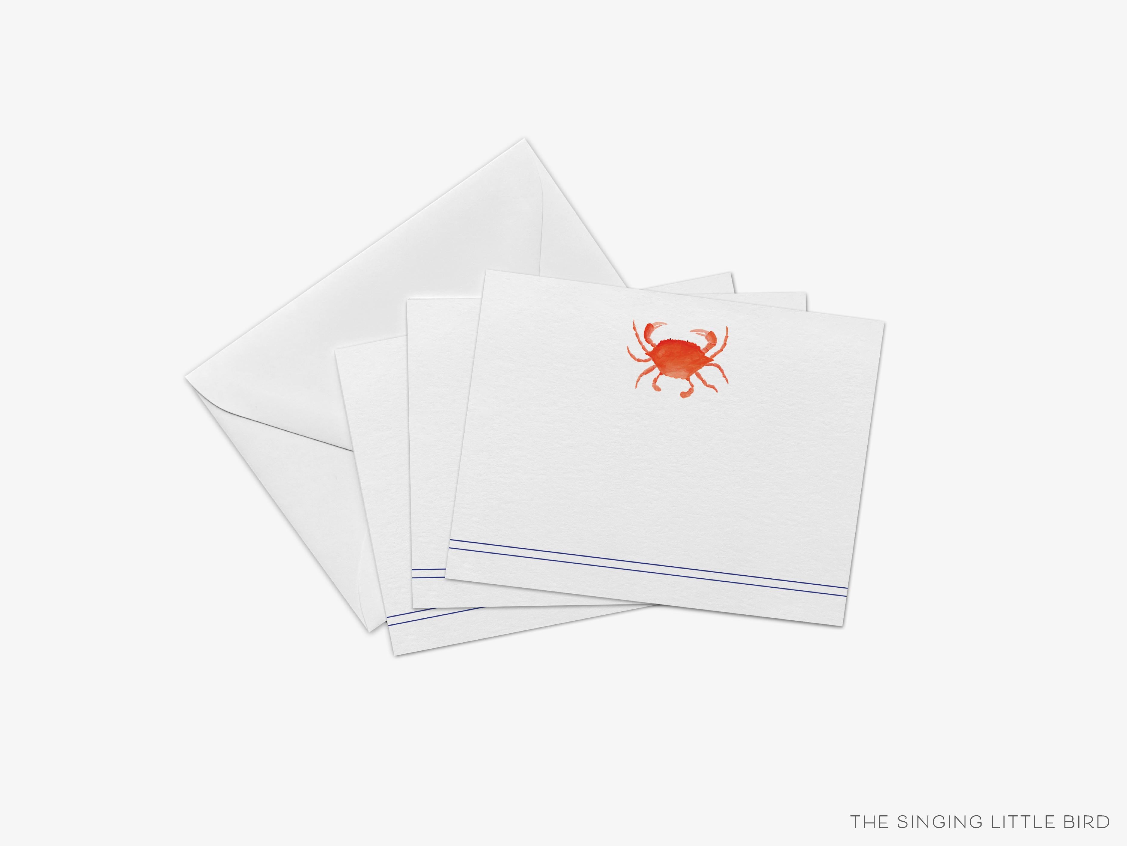 Crab Flat Notes [Sets of 8]-These flat notecards are 4.25x5.5 and feature our hand-painted watercolor crab, printed in the USA on 120lb textured stock. They come with white envelopes and make great thank yous and gifts for the beach lover in your life.-The Singing Little Bird